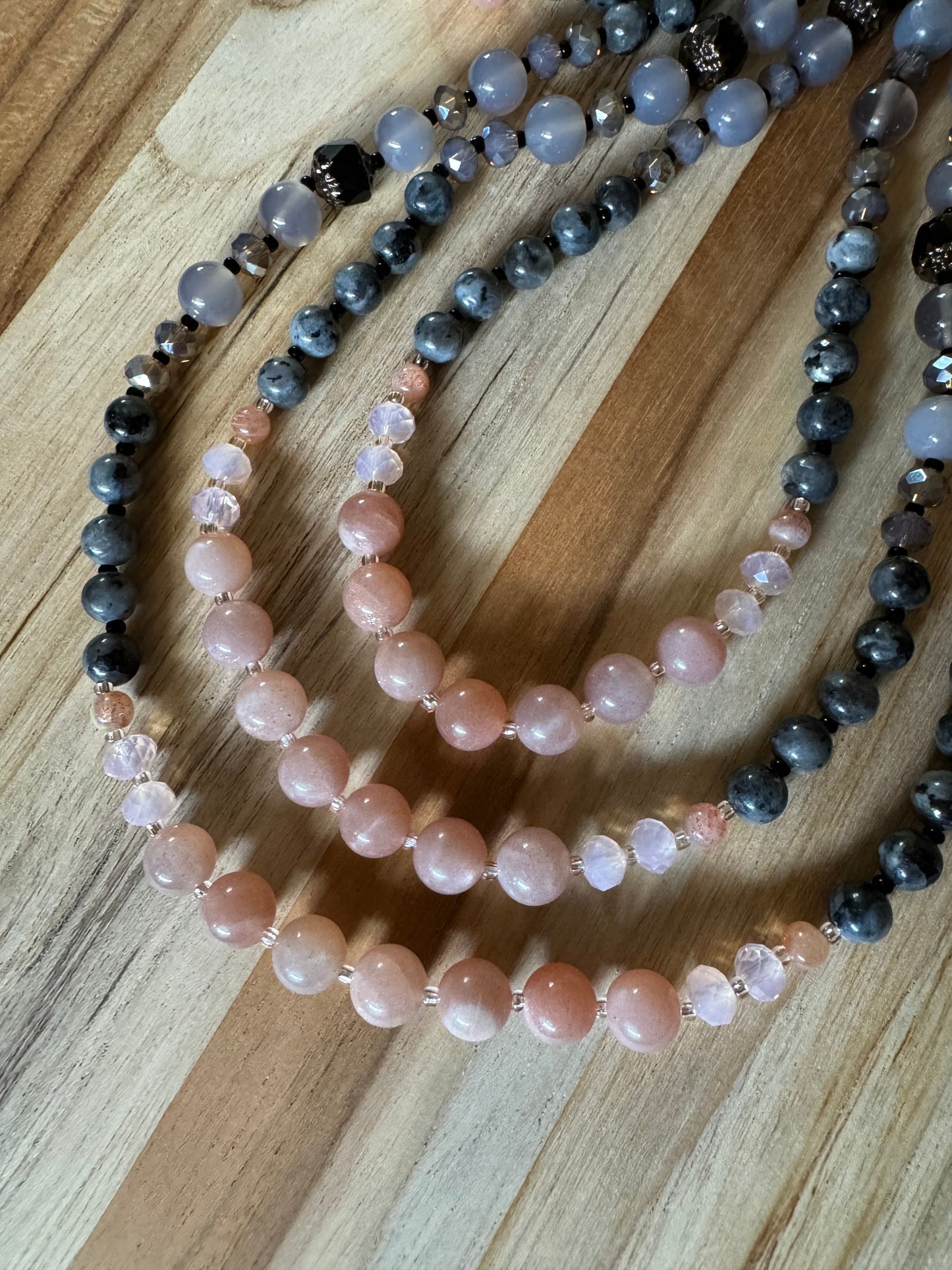 60” Extra Long Color Block Wraparound Style Beaded Necklace with Peach Sunstone Grey Agate Larvikite Black Czech Glass and Crystal Beads - My Urban Gems