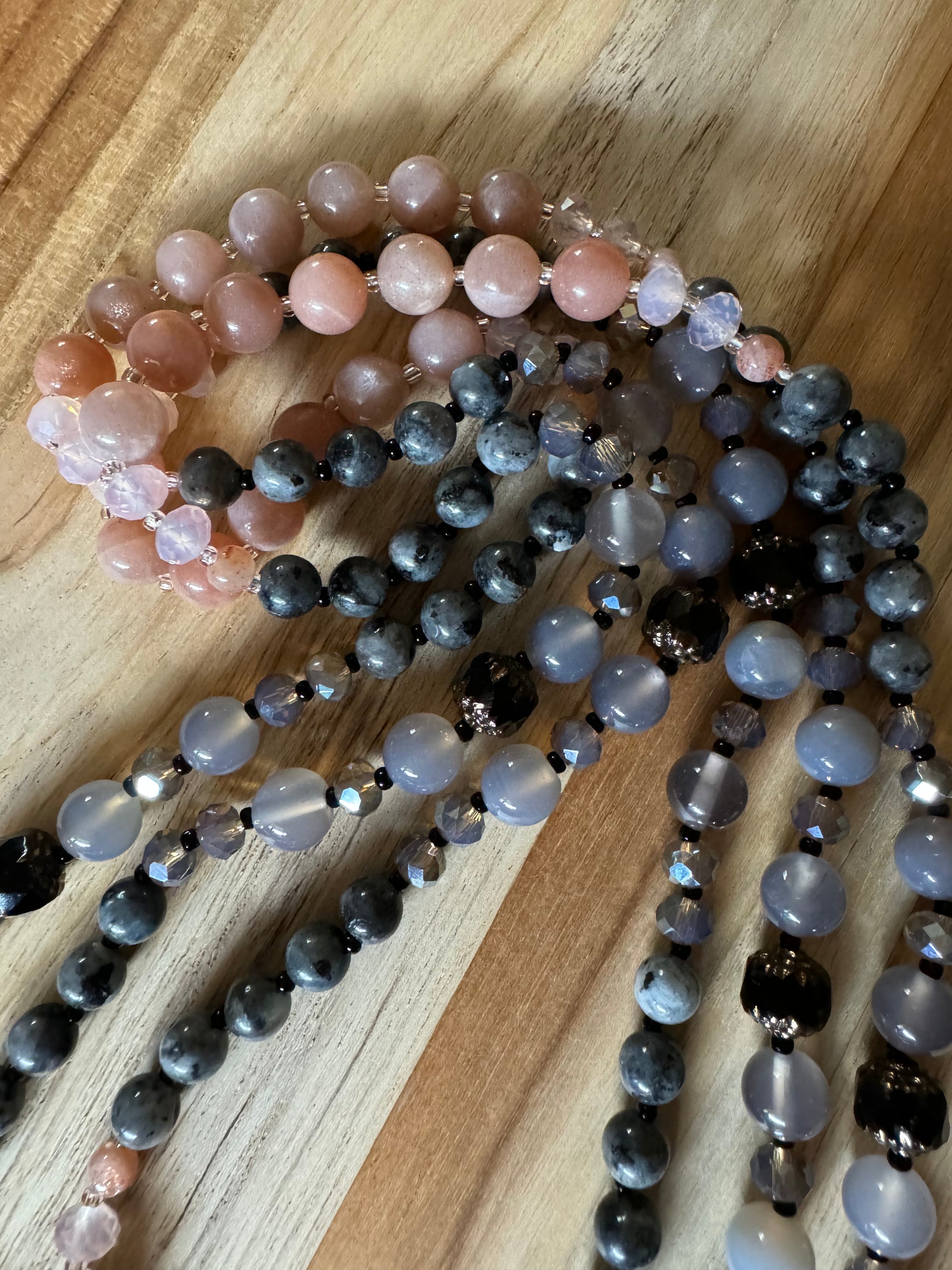 60” Extra Long Color Block Wraparound Style Beaded Necklace with Peach Sunstone Grey Agate Larvikite Black Czech Glass and Crystal Beads -My Urban Gems