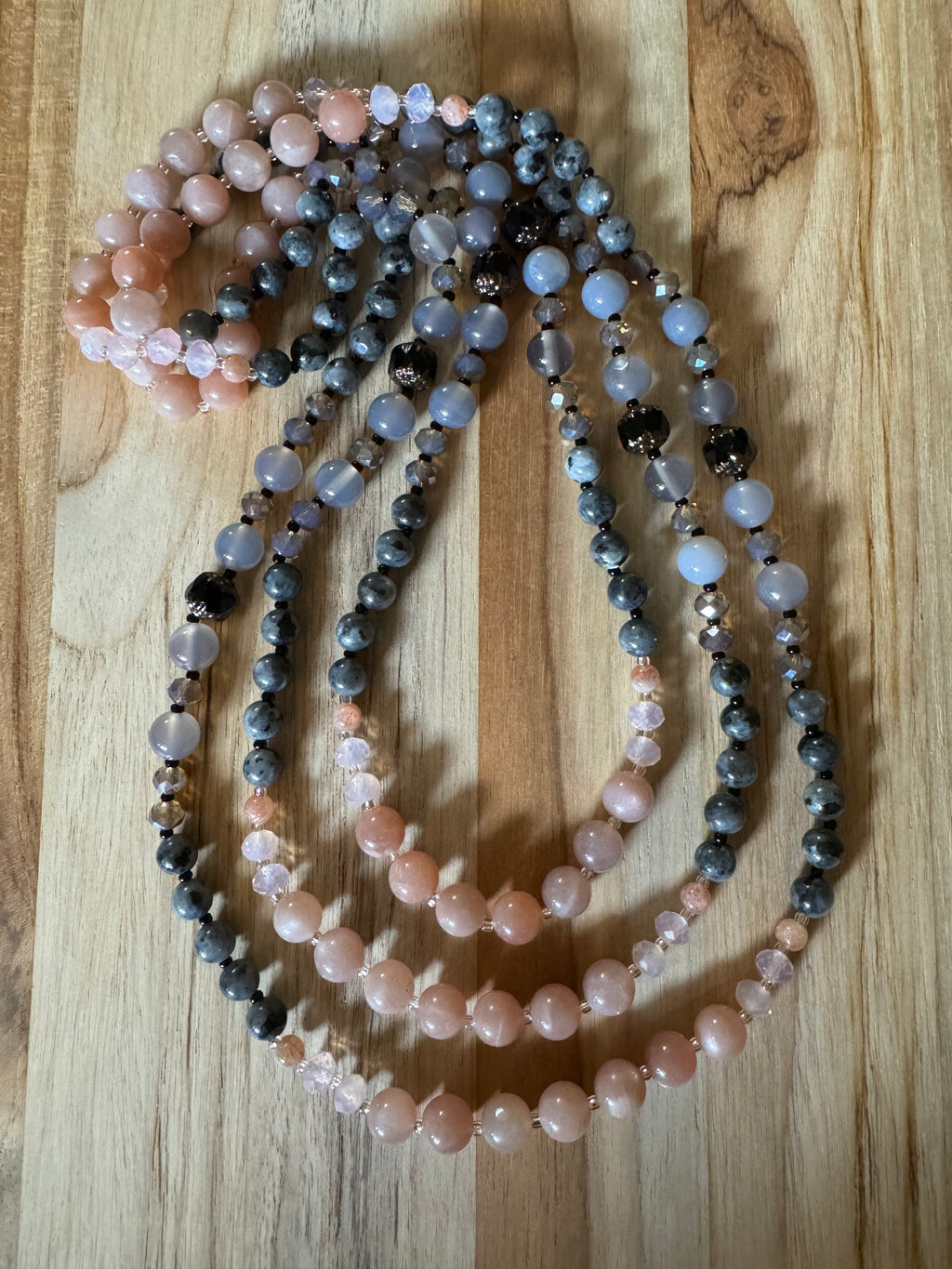 60” Extra Long Color Block Wraparound Style Beaded Necklace with Peach Sunstone Grey Agate Larvikite Black Czech Glass and Crystal Beads -My Urban Gems