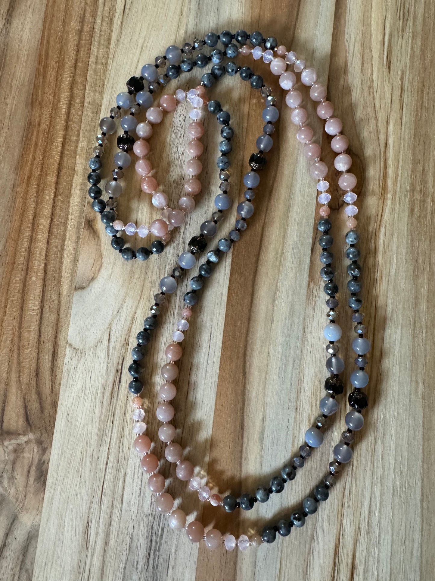 60” Extra Long Color Block Wraparound Style Beaded Necklace with Peach Sunstone Grey Agate Larvikite Black Czech Glass and Crystal Beads -My Urban Gems