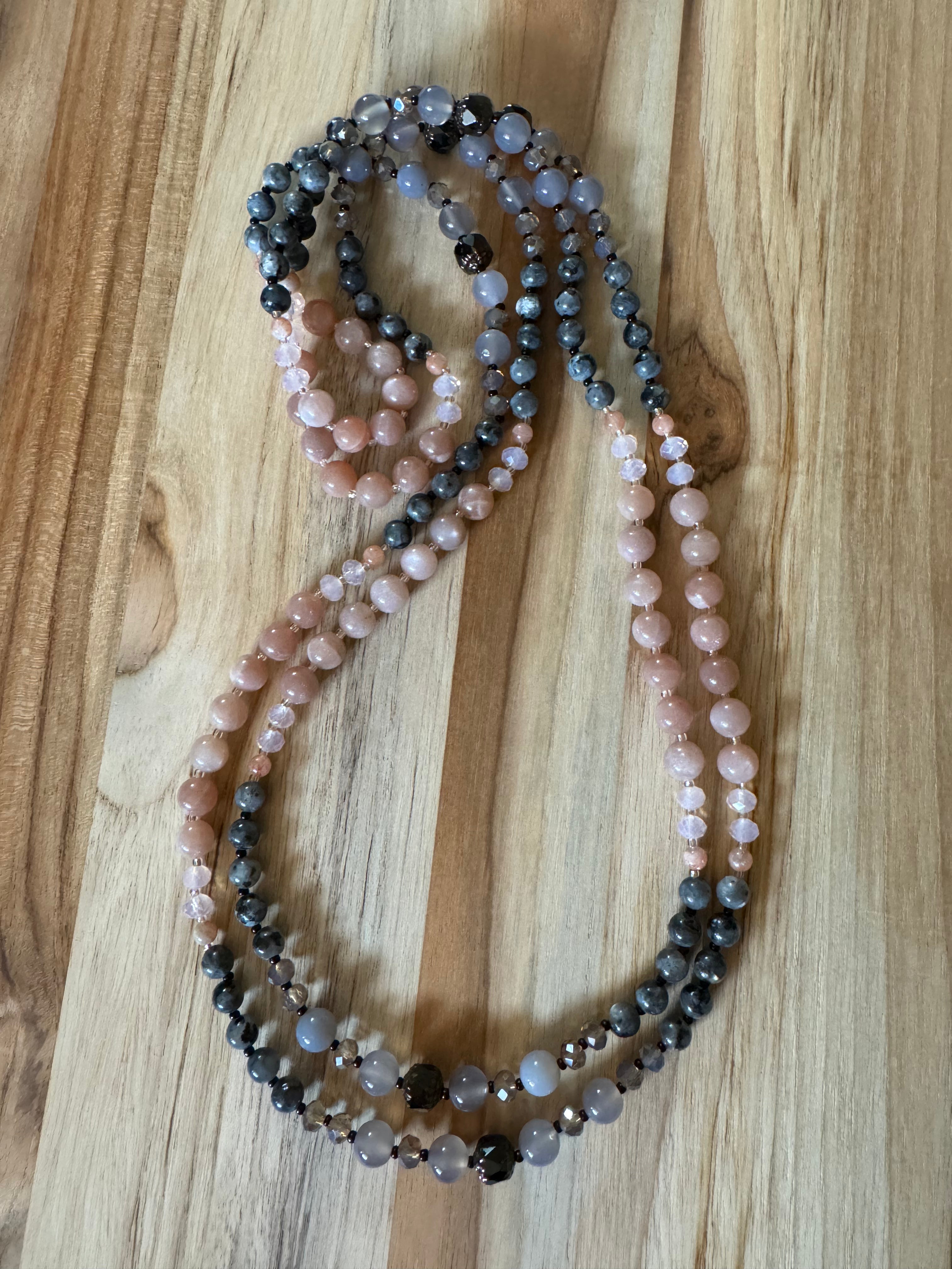 60” Extra Long Color Block Wraparound Style Beaded Necklace with Peach Sunstone Grey Agate Larvikite Black Czech Glass and Crystal Beads -My Urban Gems