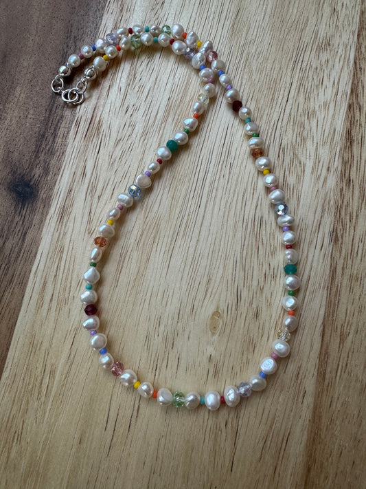 Dainty Rainbow Freshwater Pearl Beaded Necklace with Crystal and Seed Beads Sterling Silver - My Urban Gems