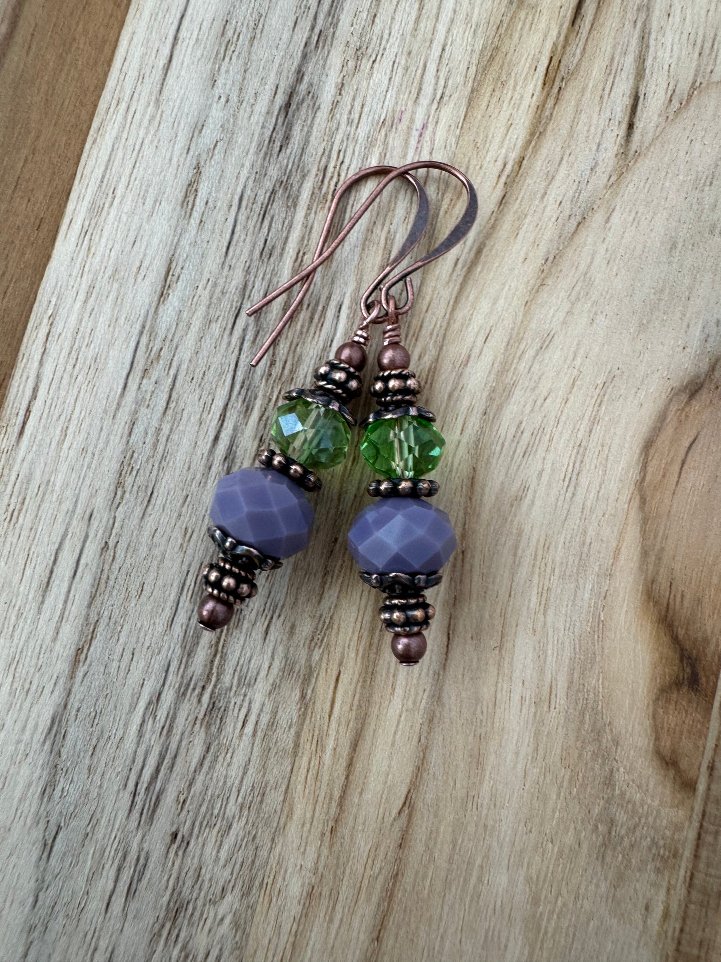 Vintage Vibe Purple and Green Crystal Dangle Earrings with Antique Copper Accent Beads