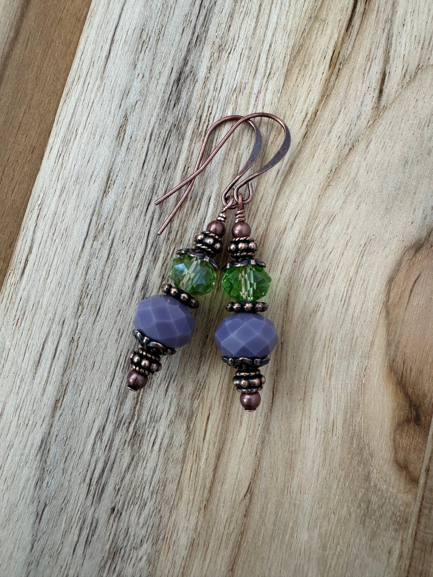 Vintage Vibe Purple and Green Crystal Dangle Earrings with Antique Copper Accent Beads
