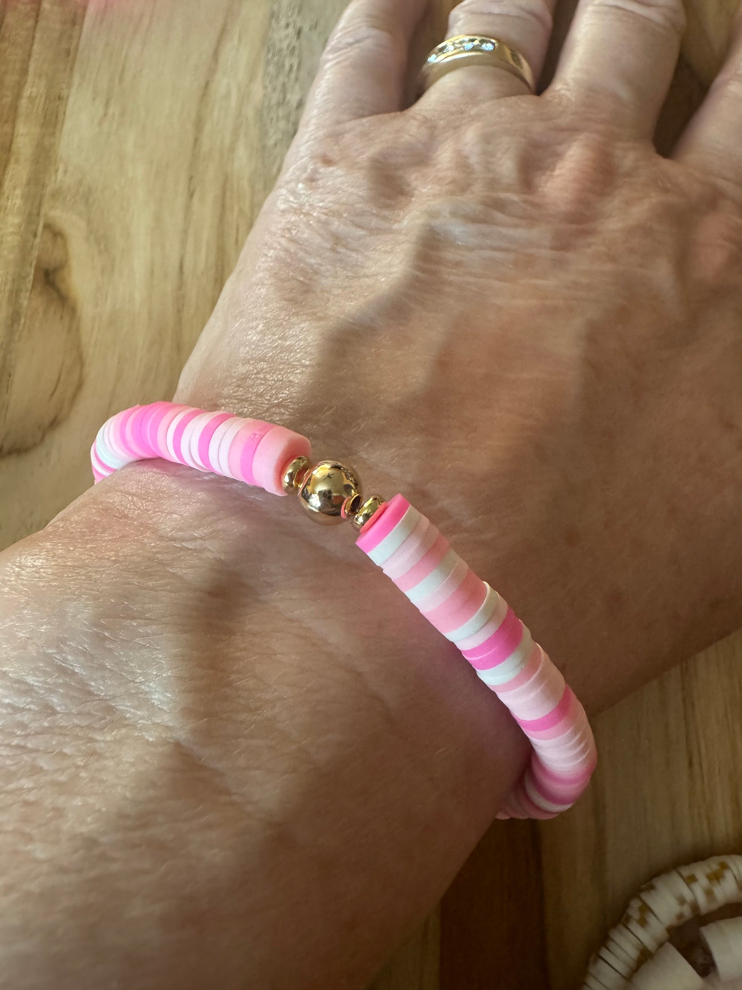 Polymer Clay Heishi Beads Pink Mix Spring Summer Boho Layering Elastic Stretch Bracelet