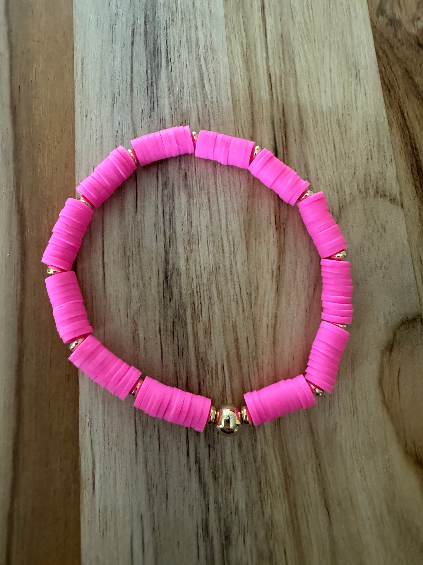 Polymer Clay Heishi Beads Hot Pink Spring Summer Boho Layering Elastic Stretch Bracelet - My Urban Gems