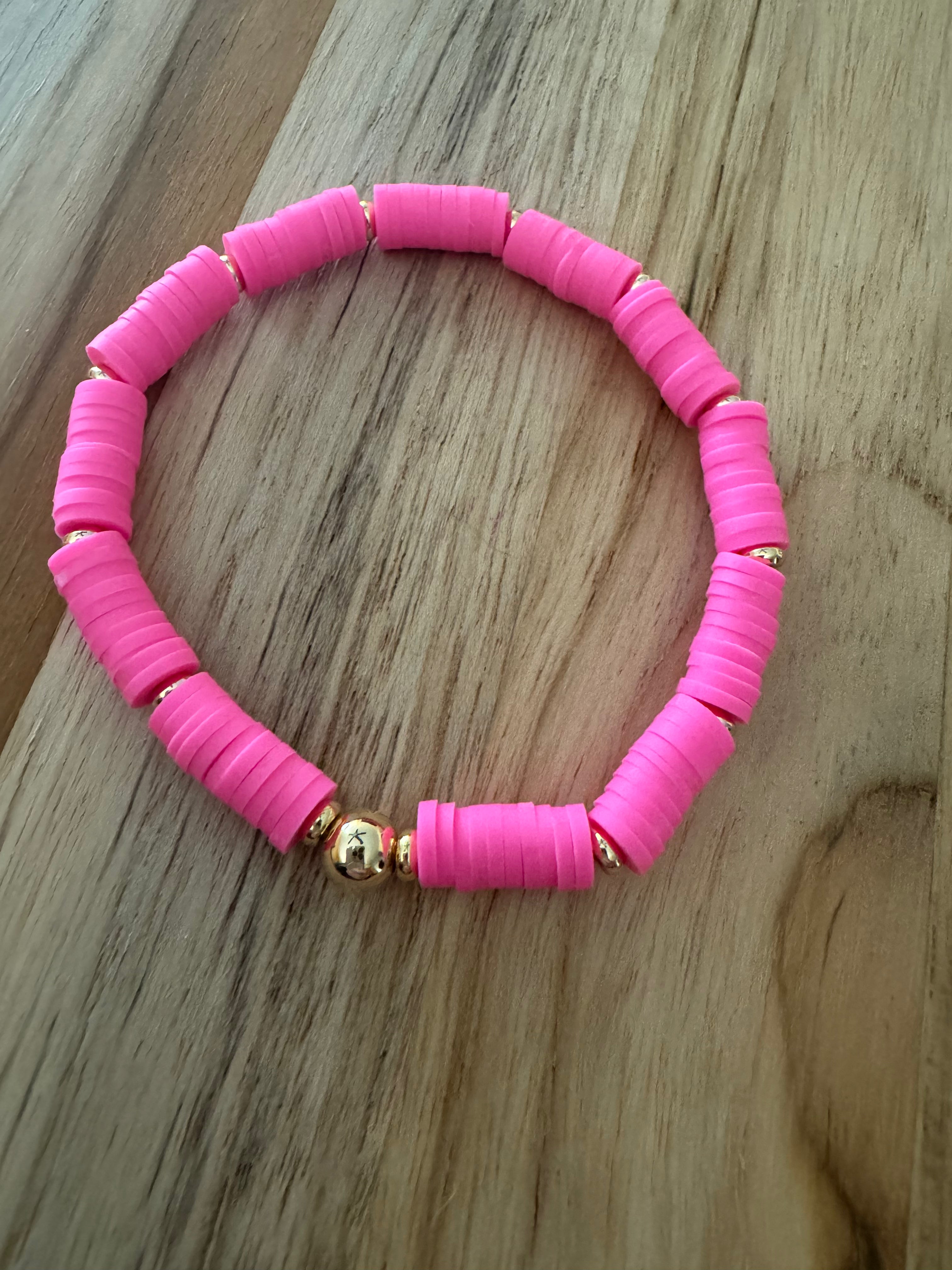 Polymer Clay Heishi Beads Hot Pink Spring Summer Boho Layering Elastic Stretch Bracelet - My Urban Gems