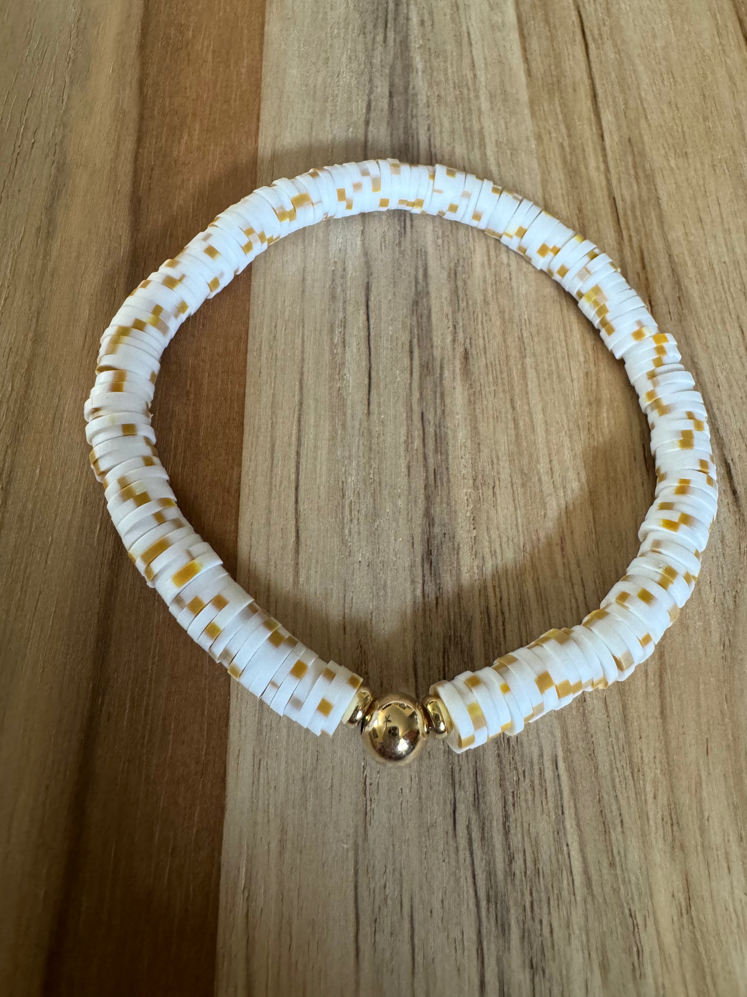 Polymer Clay Heishi Beads Off White/Brown Mix Spring Summer Boho Layering Elastic Stretch Bracelet - My Urban Gems