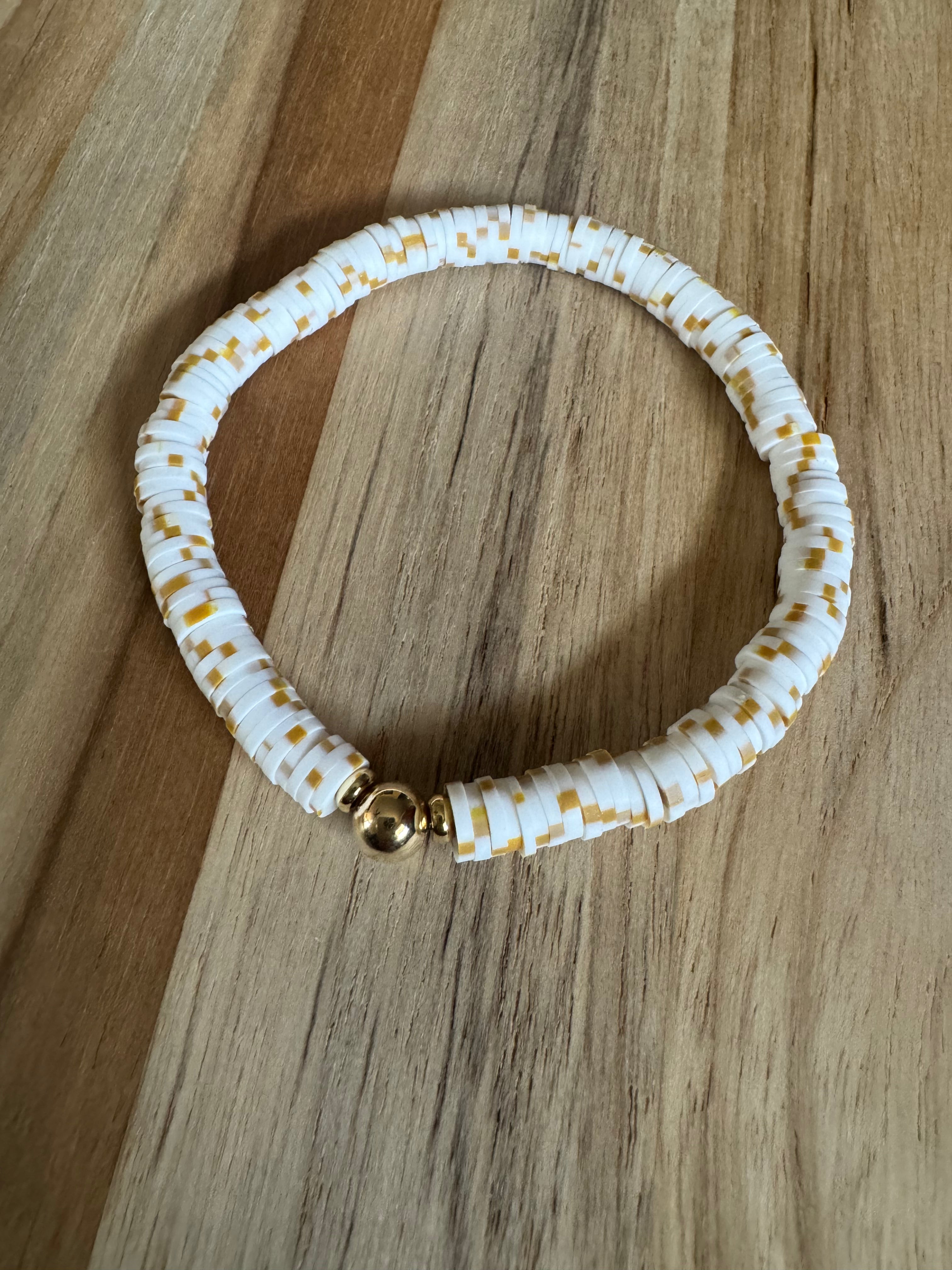 Polymer Clay Heishi Beads Off White/Brown Mix Spring Summer Boho Layering Elastic Stretch Bracelet - My Urban Gems