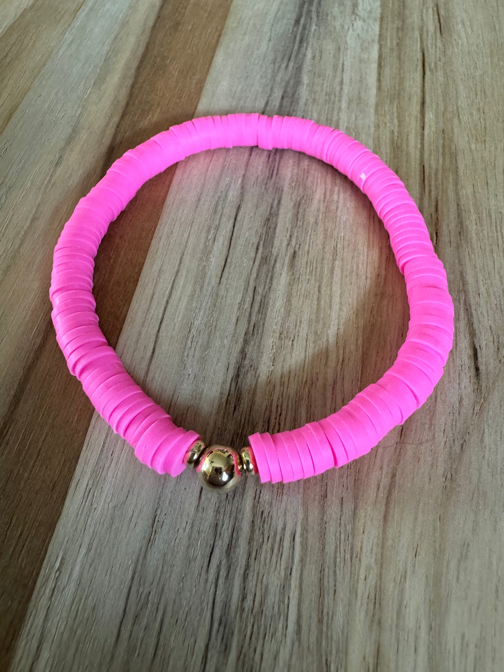 Polymer Clay Heishi Beads Hot Pink Spring Summer Boho Layering Elastic Stretch Bracelet -My Urban Gems