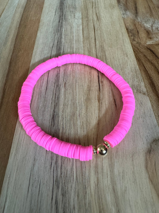 Polymer Clay Heishi Beads Hot Pink Spring Summer Boho Layering Elastic Stretch Bracelet - My Urban Gems