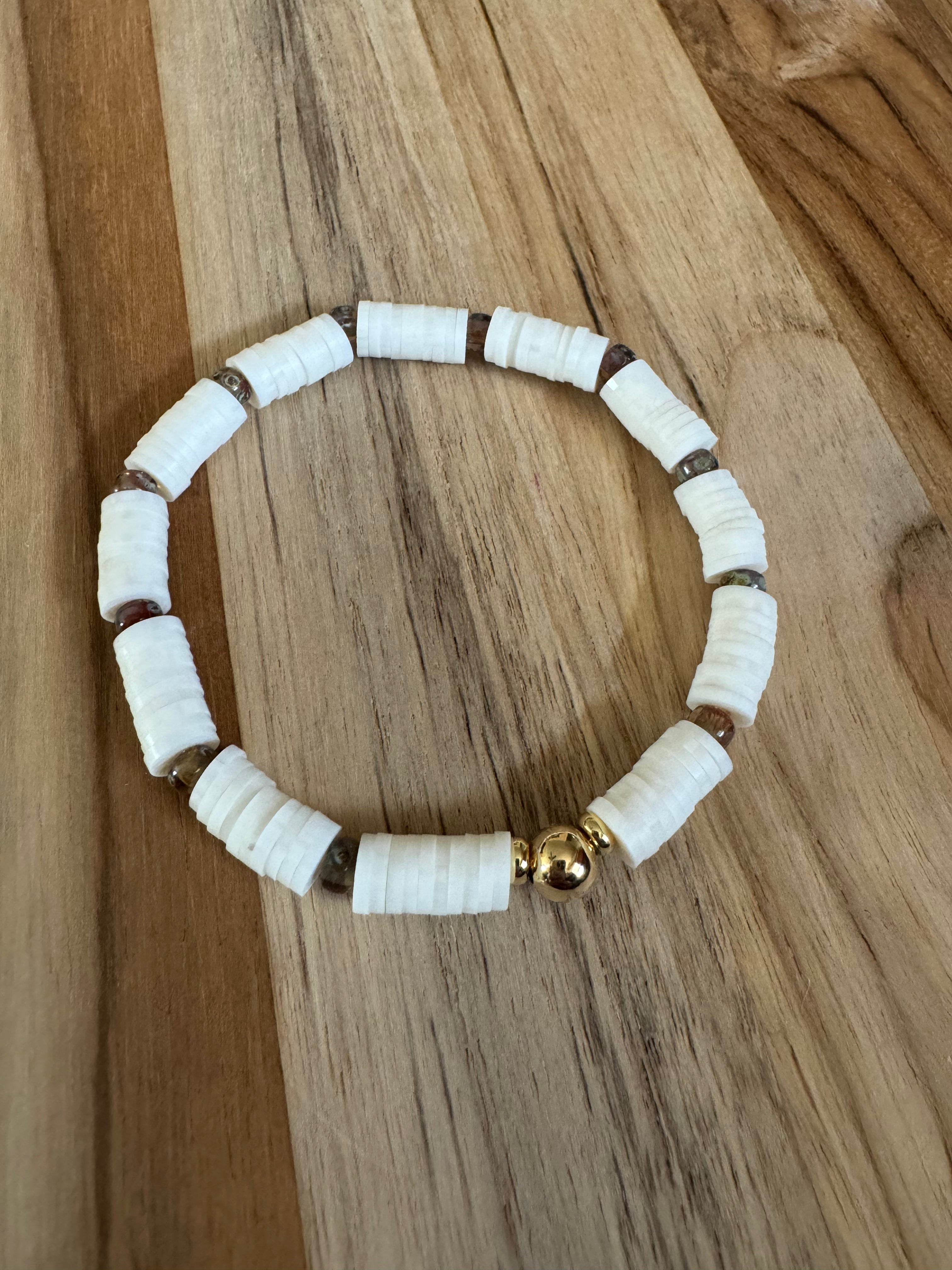 Polymer Clay Heishi Beads Off White and Czech Glass Spring Summer Boho Layering Elastic Stretch Bracelet - My Urban Gems