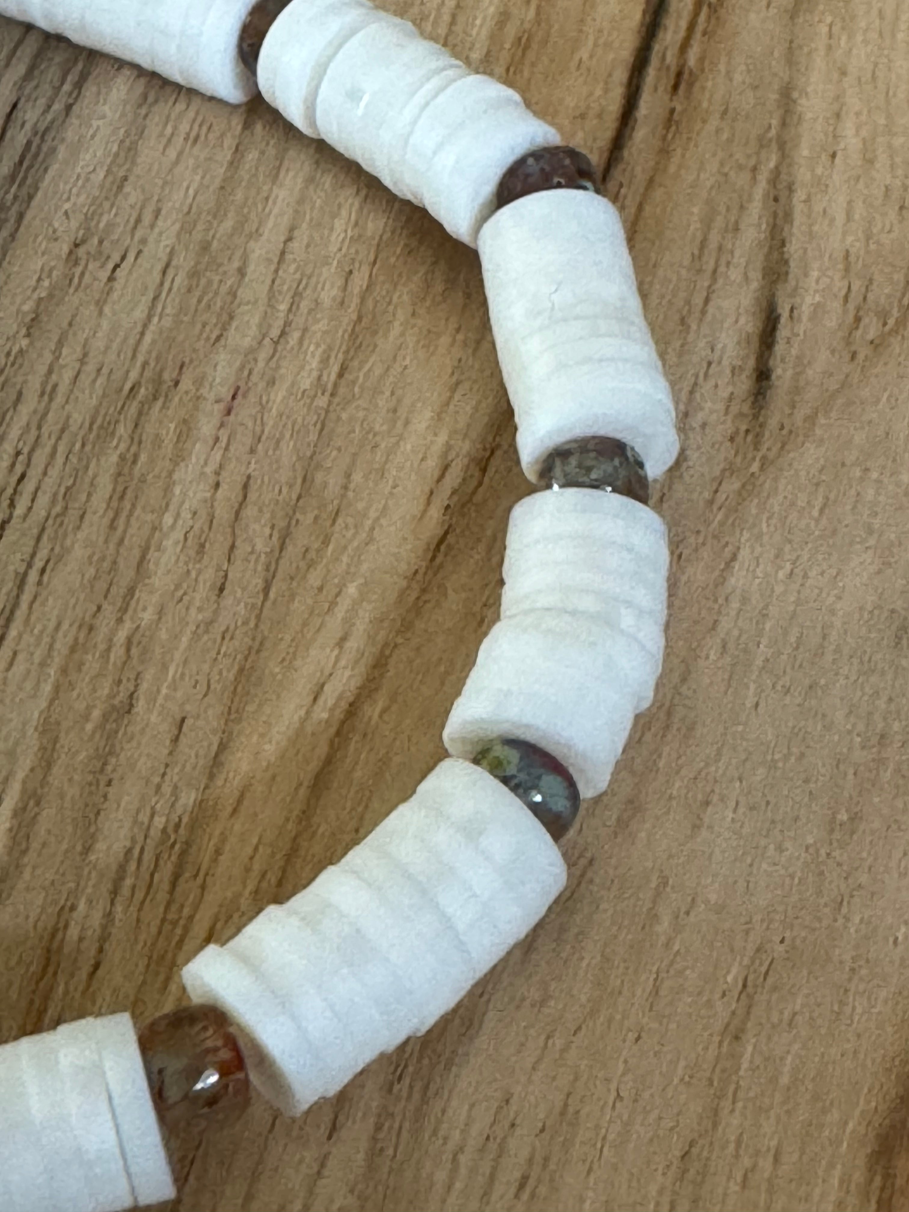 Polymer Clay Heishi Beads Off White and Czech Glass Spring Summer Boho Layering Elastic Stretch Bracelet - My Urban Gems