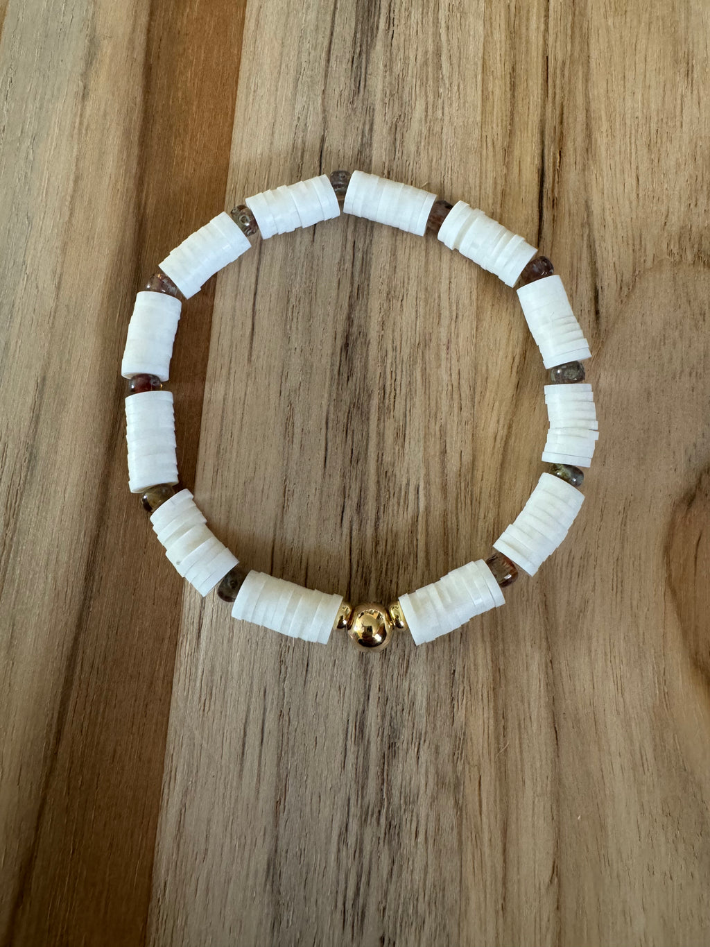 Polymer Clay Heishi Beads Off White and Czech Glass Spring Summer Boho Layering Elastic Stretch Bracelet - My Urban Gems