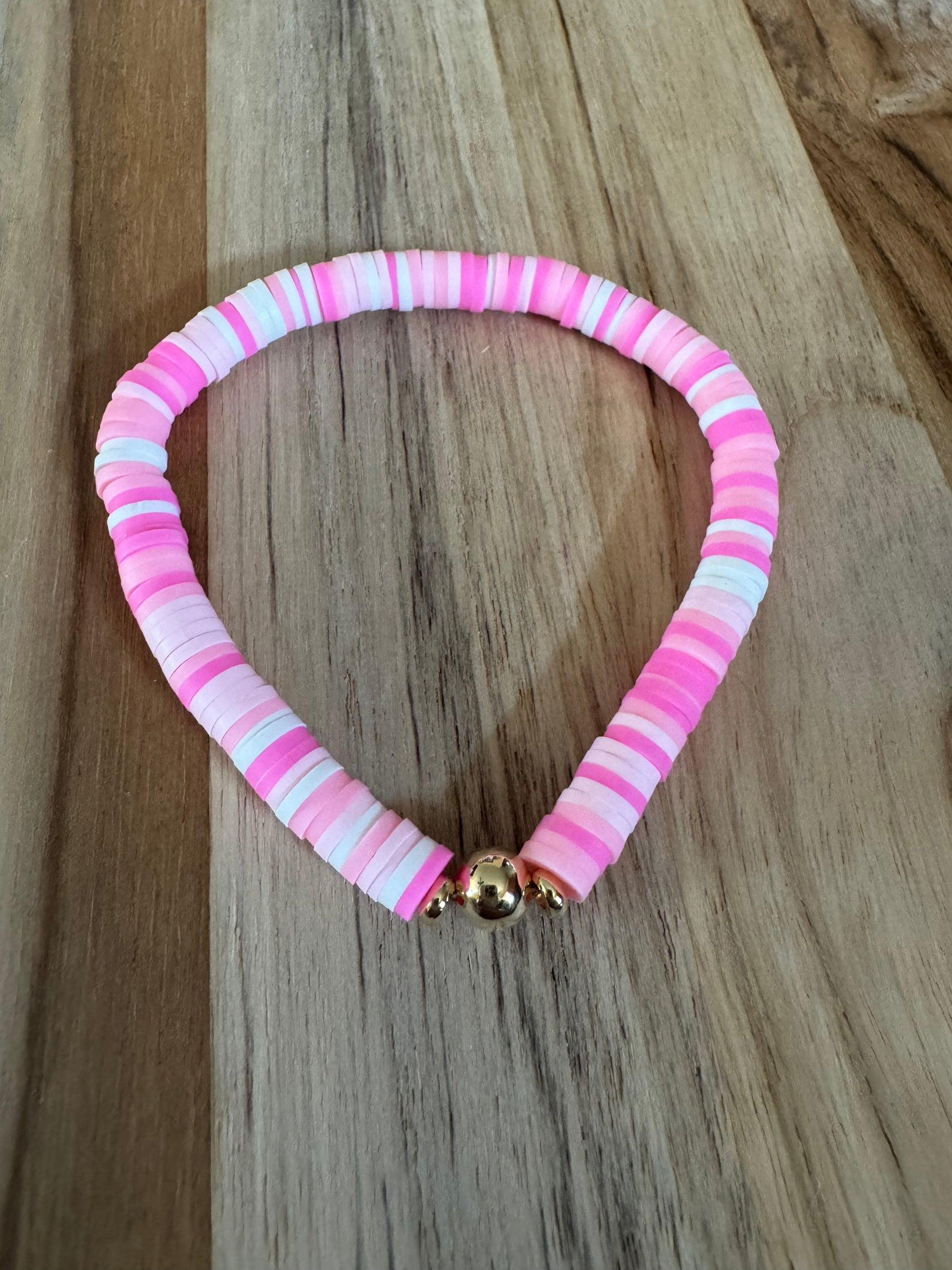 Polymer Clay Heishi Beads Pink Mix Spring Summer Boho Layering Elastic Stretch Bracelet - My Urban Gems