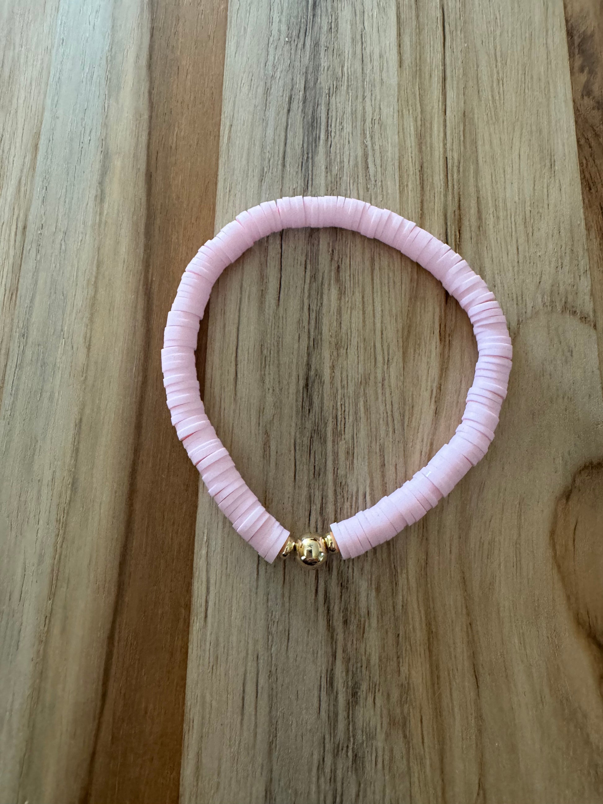 Polymer Clay Heishi Beads Light Pink Spring Summer Boho Layering Elastic Stretch Bracelet - My Urban Gems