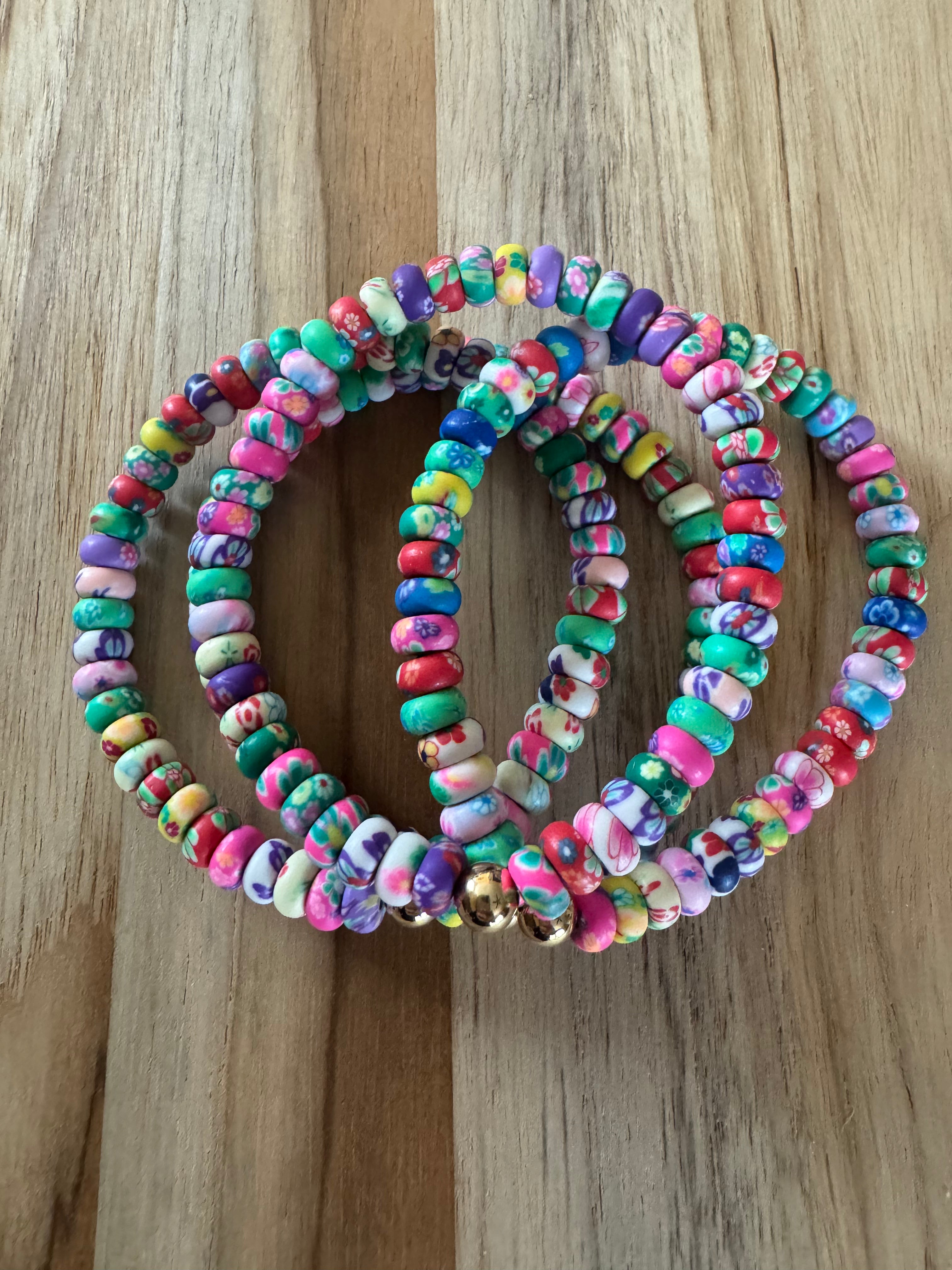Polymer Clay Multi Colored Floral Rondelle Beads Spring Summer Boho Layering Elastic Stretch Bracelet - My Urban Gems
