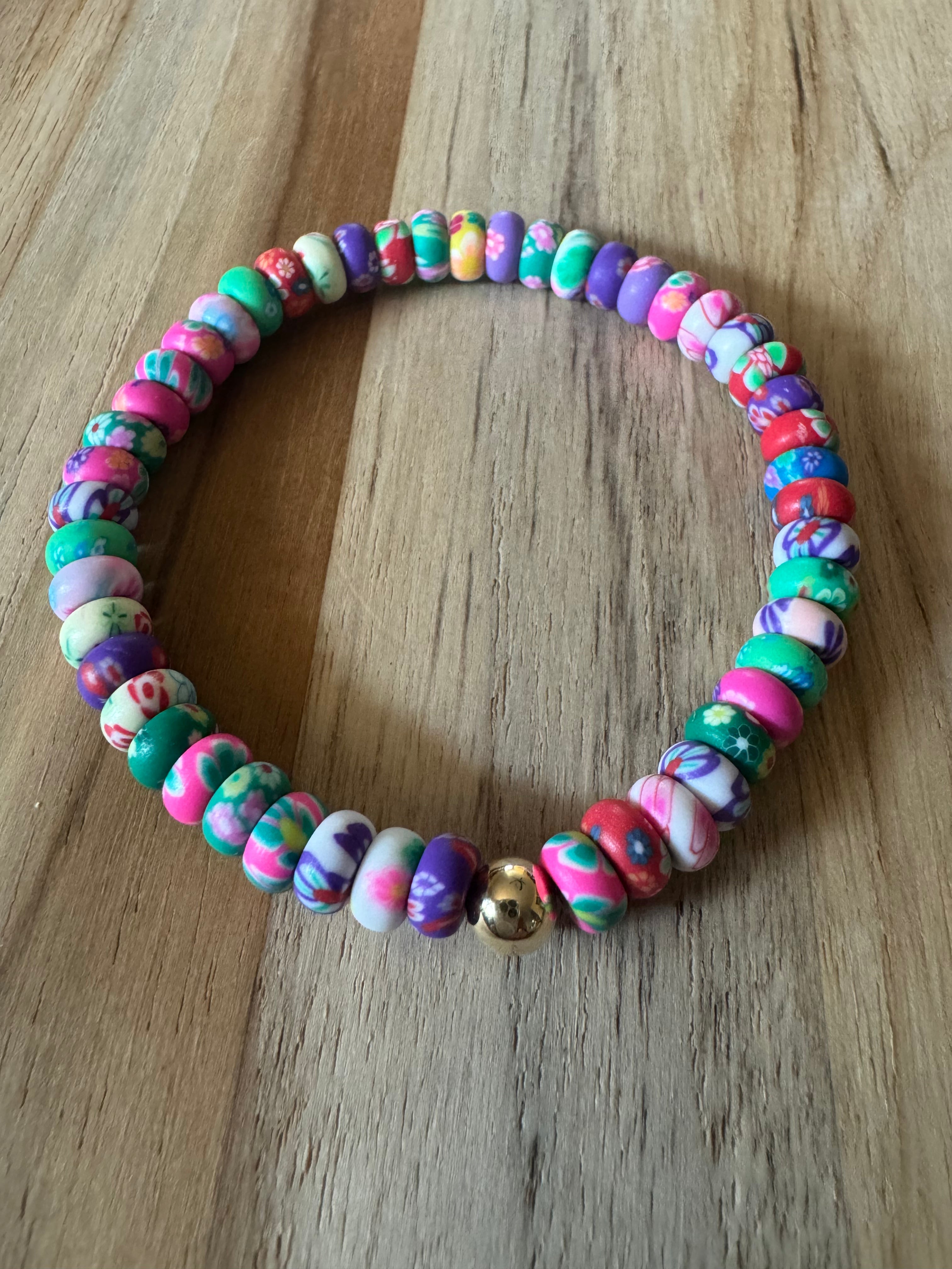 Polymer Clay Multi Colored Floral Rondelle Beads Spring Summer Boho Layering Elastic Stretch Bracelet - My Urban Gems