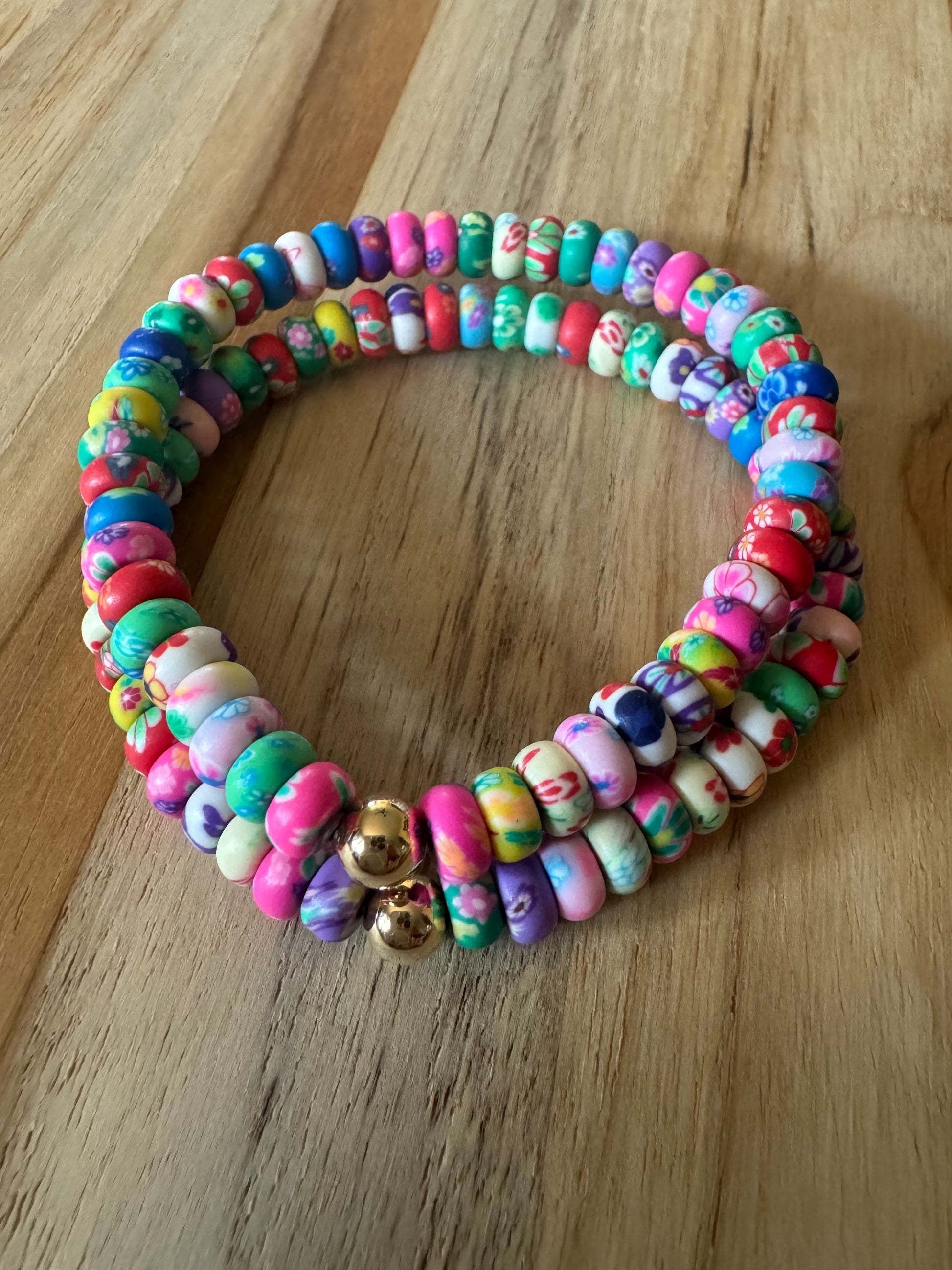 Polymer Clay Multi Colored Floral Rondelle Beads Spring Summer Boho Layering Elastic Stretch Bracelet - My Urban Gems