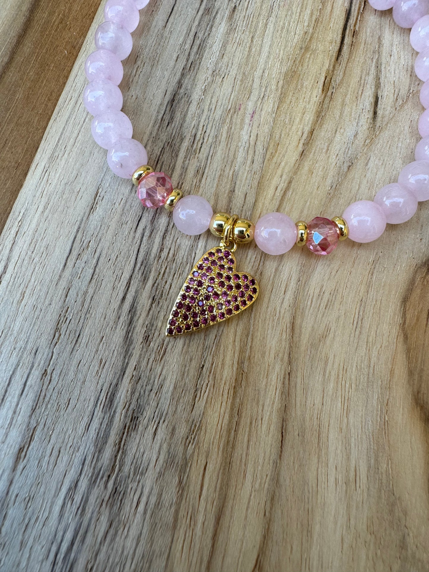 Rose Quartz Beaded Stretch Bracelet with Gold Heart Charm Pink Crystals