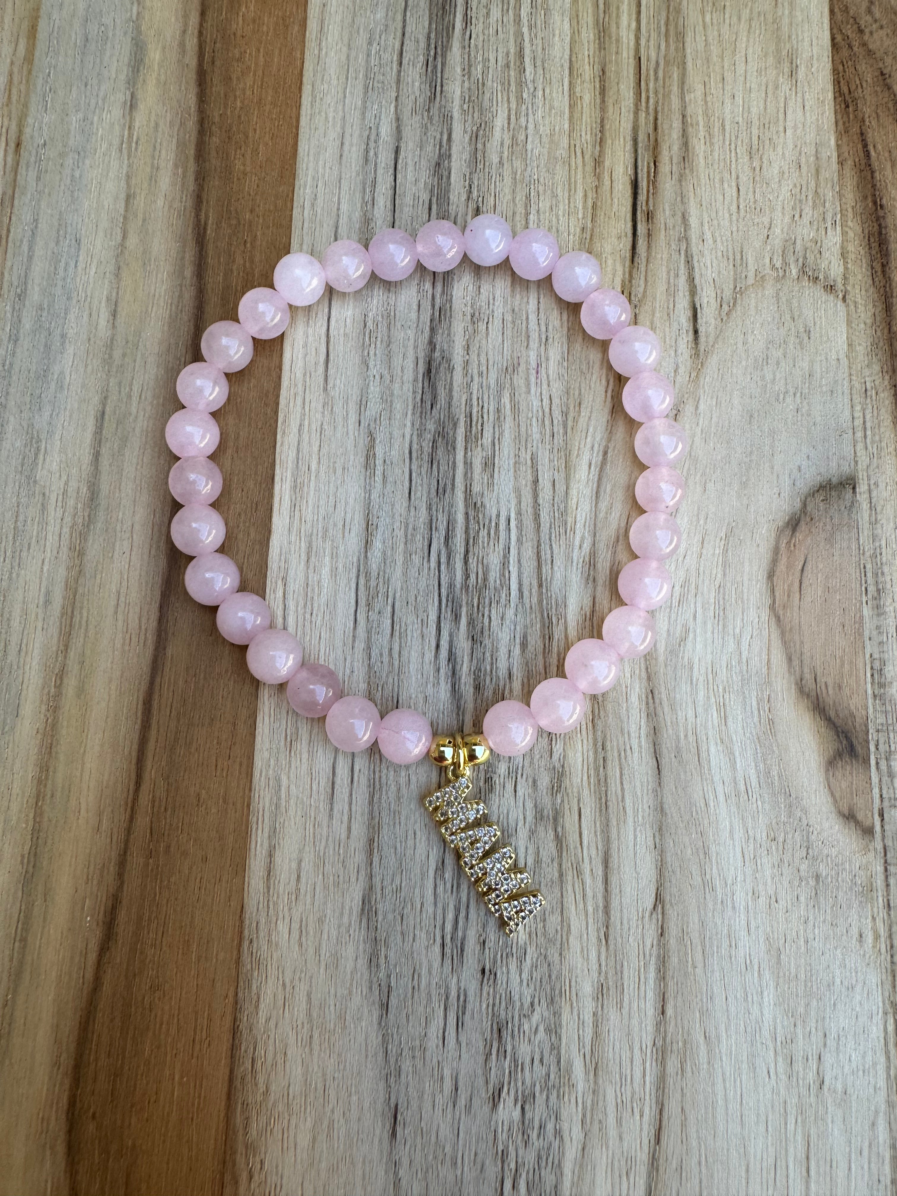 Rose Quartz Beaded Stretch Bracelet with Mama Charm - My Urban Gems