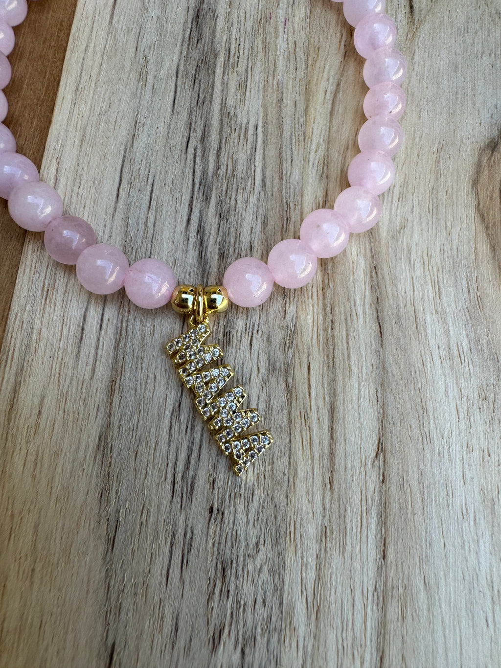 Rose Quartz Beaded Stretch Bracelet with Mama Charm - My Urban Gems