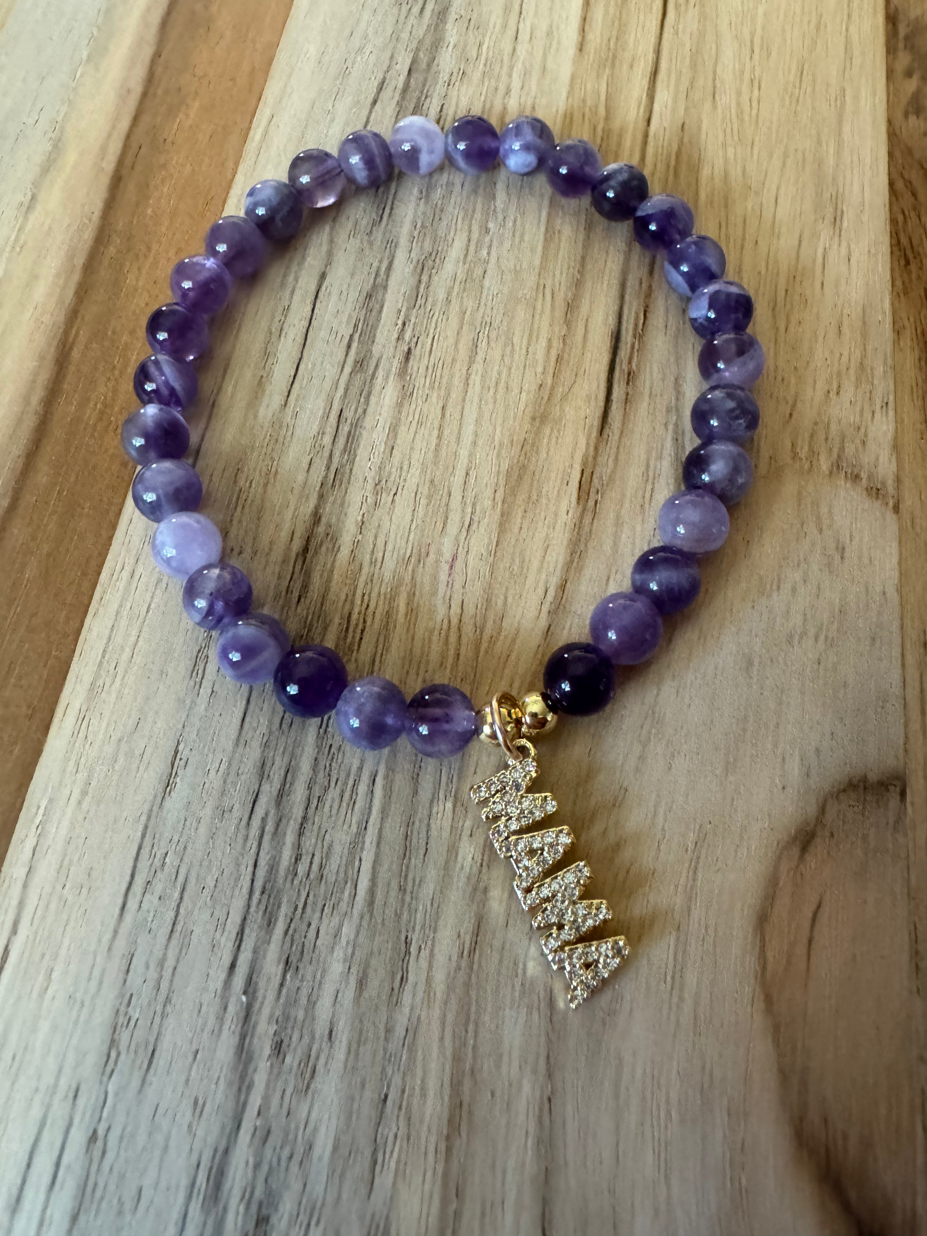 Amethyst Beaded Stretch Bracelet with Mama charm - My Urban Gems