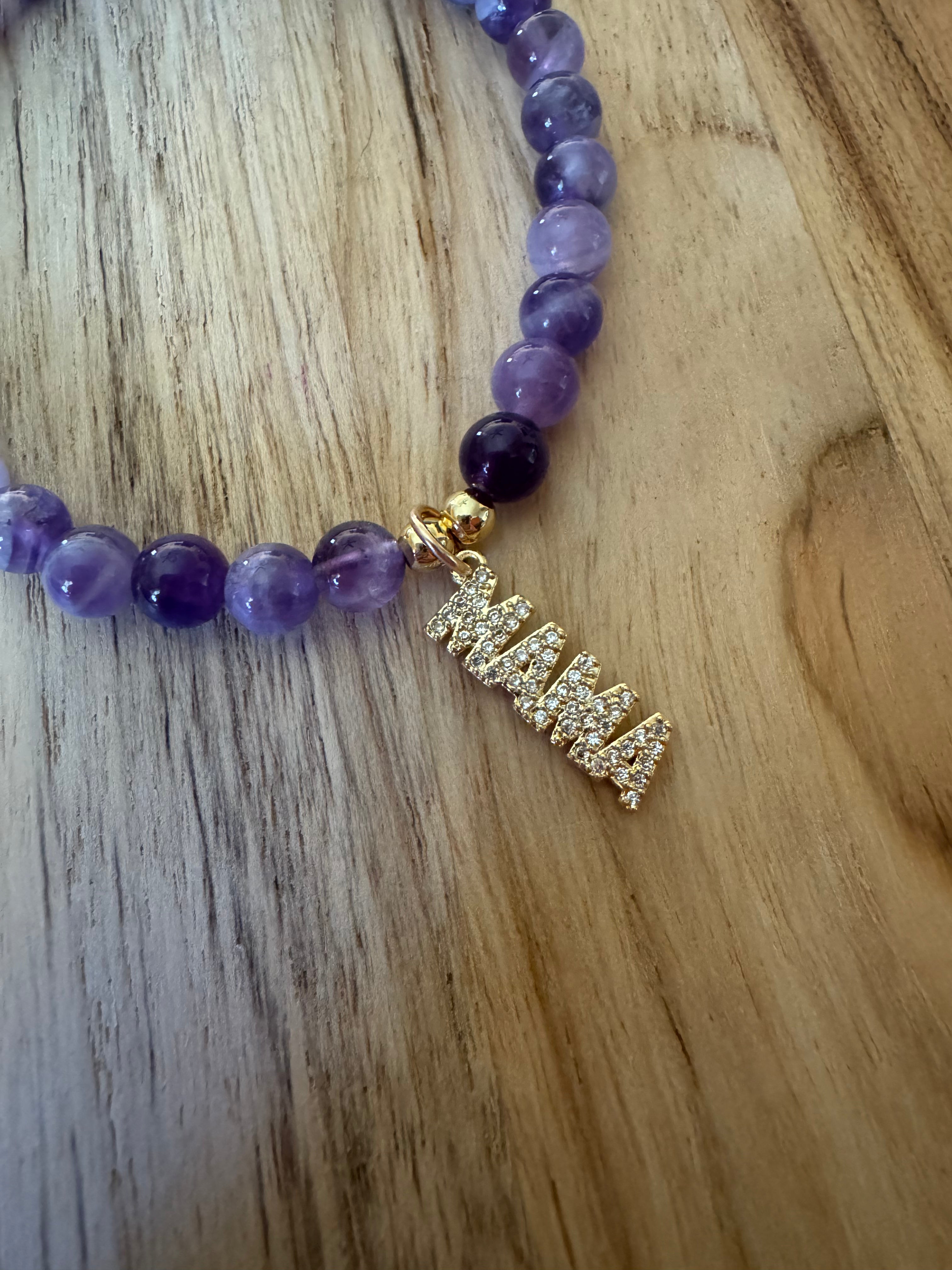 Amethyst Beaded Stretch Bracelet with Mama charm - My Urban Gems