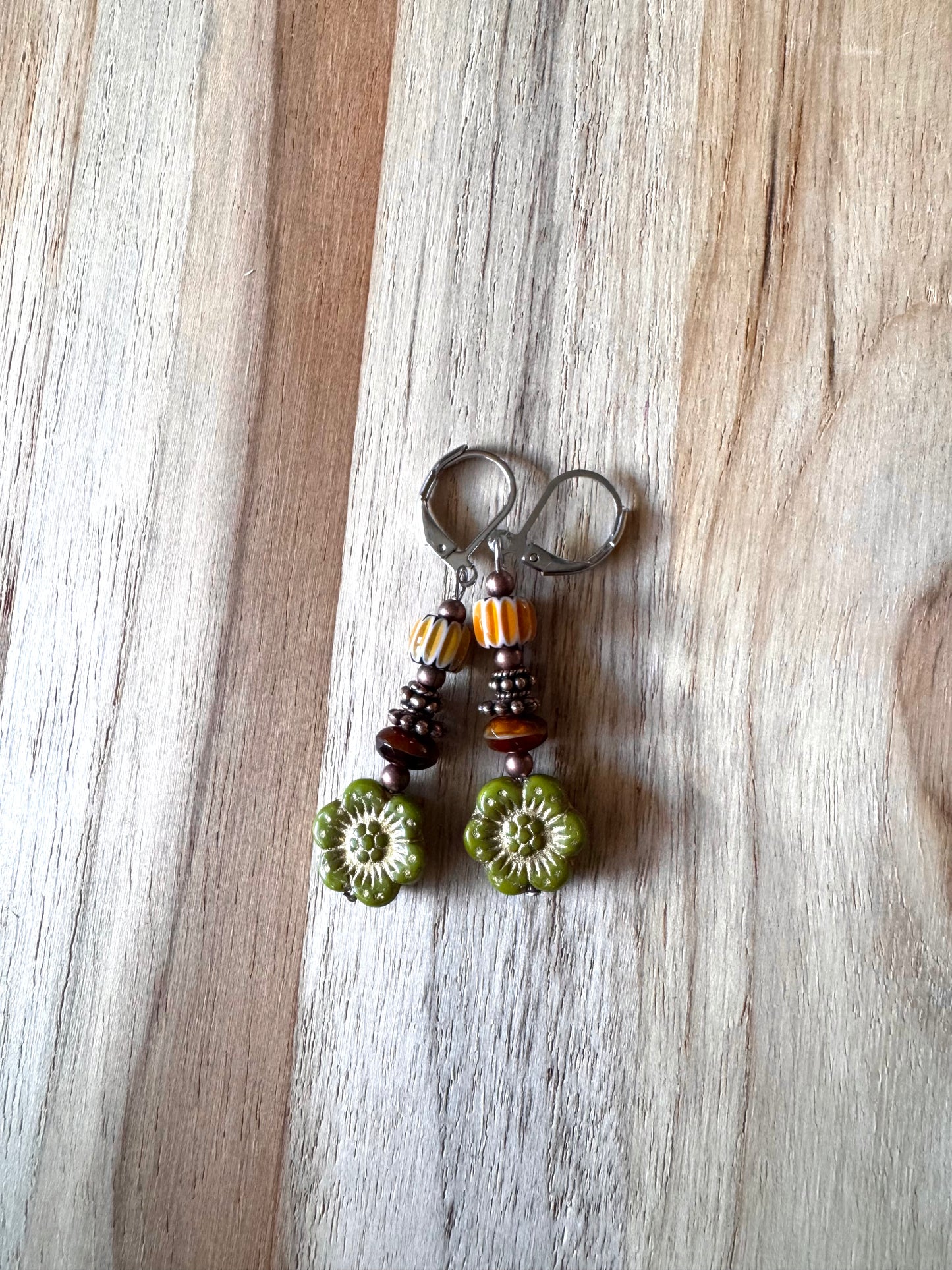 Vintage Boho Style Green Czech Glass Flower Dangle Earrings with Antique Copper