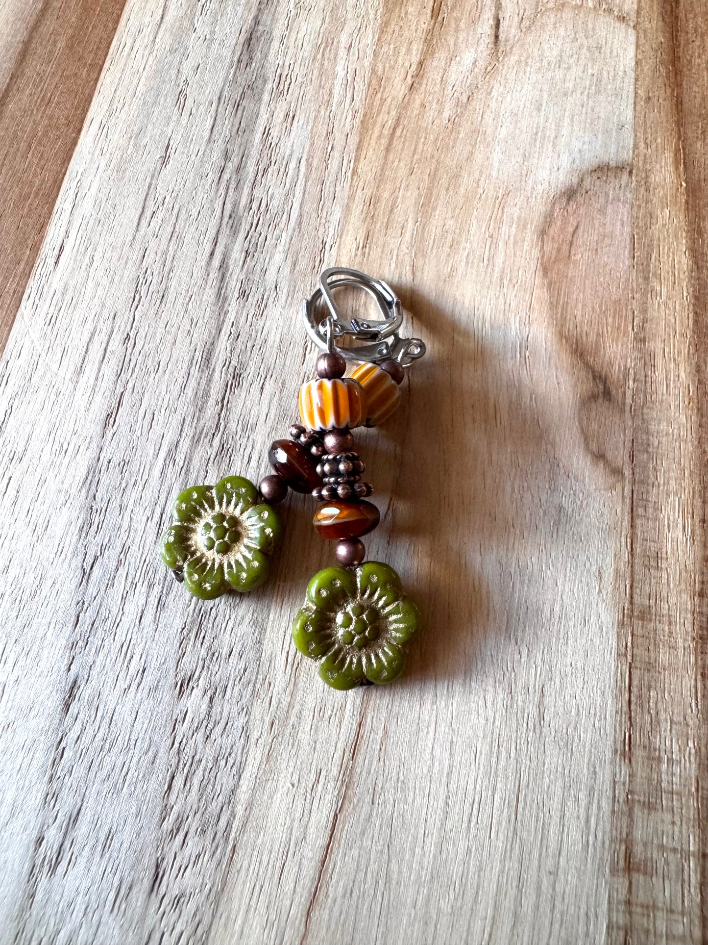 Vintage Boho Style Green Czech Glass Flower Dangle Earrings with Antique Copper