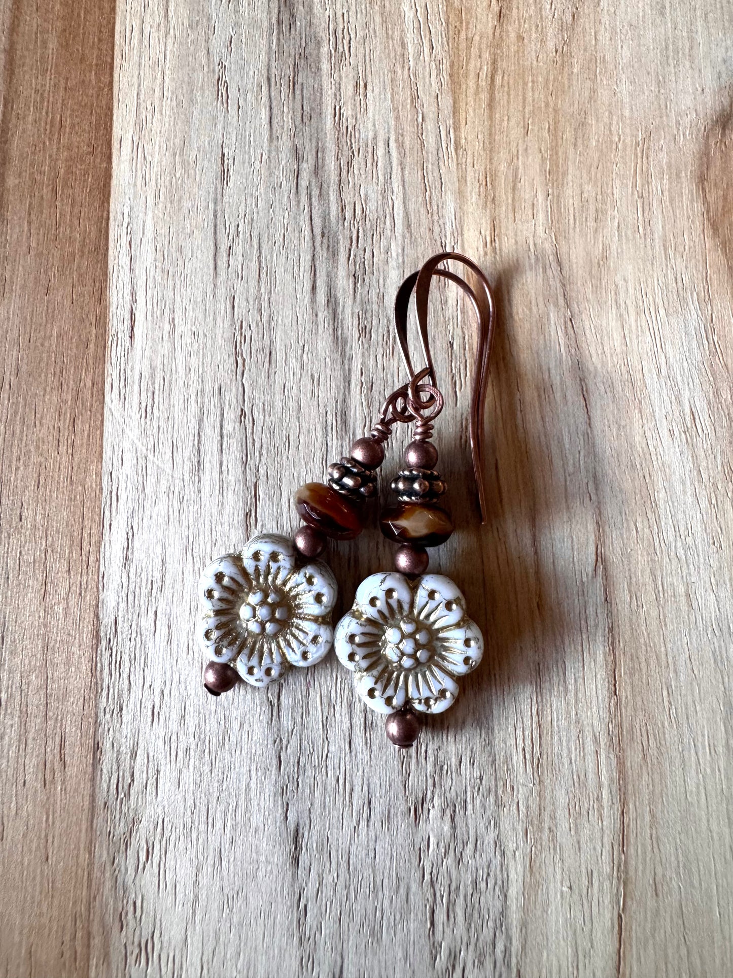 Vintage Boho Style White Czech Glass Flower Dangle Earrings with Antique Copper