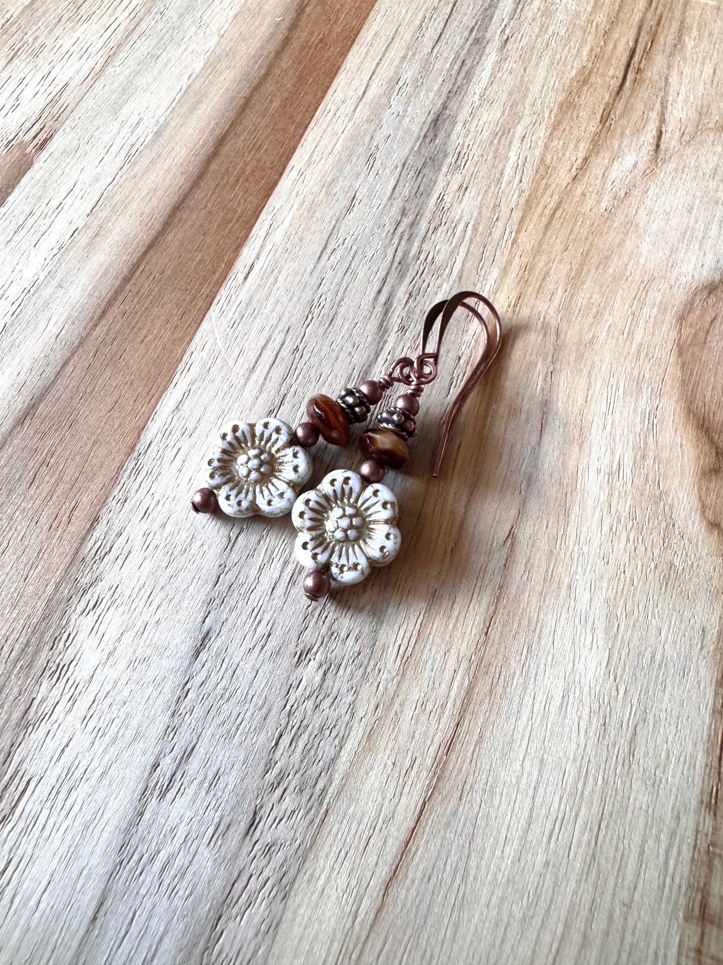 Vintage Boho Style White Czech Glass Flower Dangle Earrings with Antique Copper