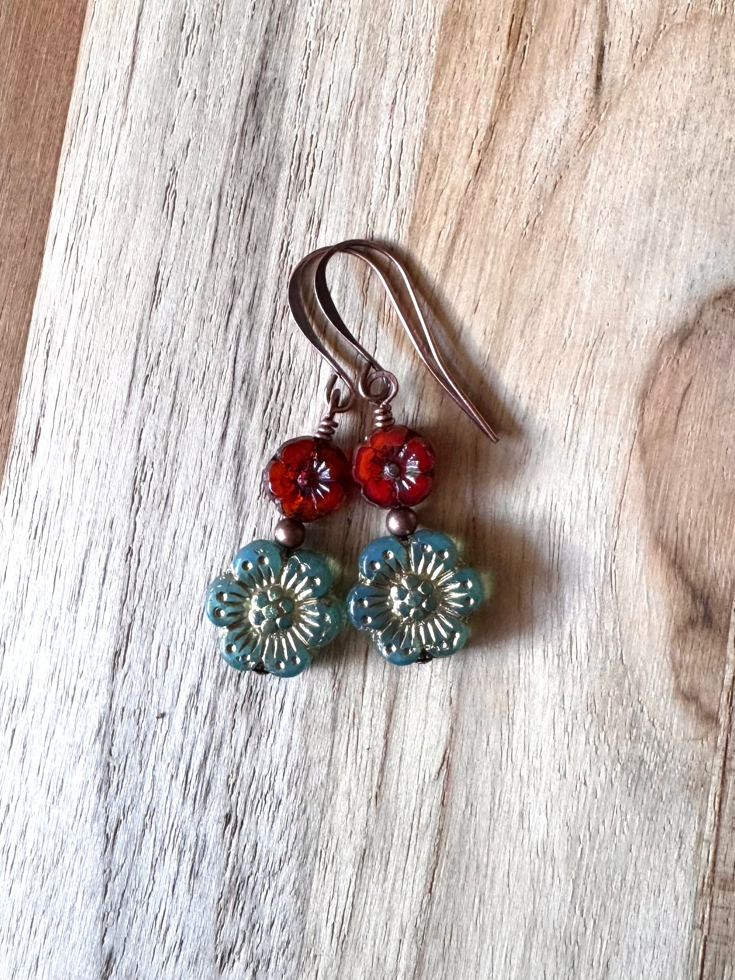 Boho Vintage Style Teal and Red Czech Glass flower Dangle Earrings with Copper