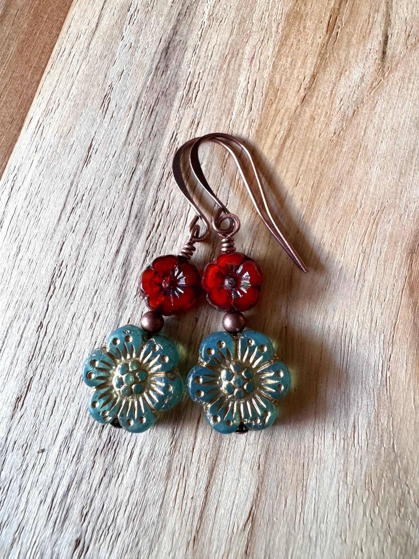 Boho Vintage Style Teal and Red Czech Glass flower Dangle Earrings with Copper