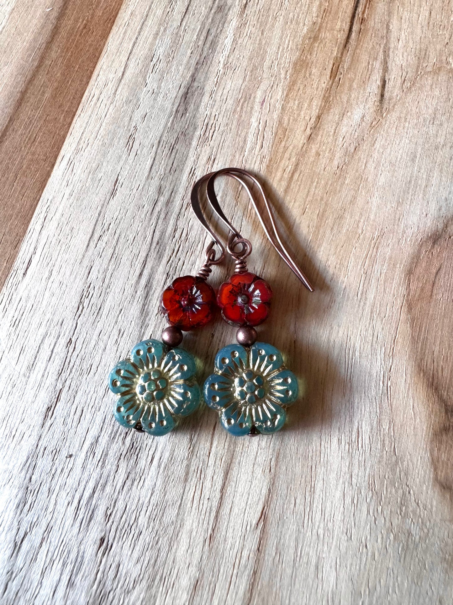 Boho Vintage Style Teal and Red Czech Glass flower Dangle Earrings with Copper