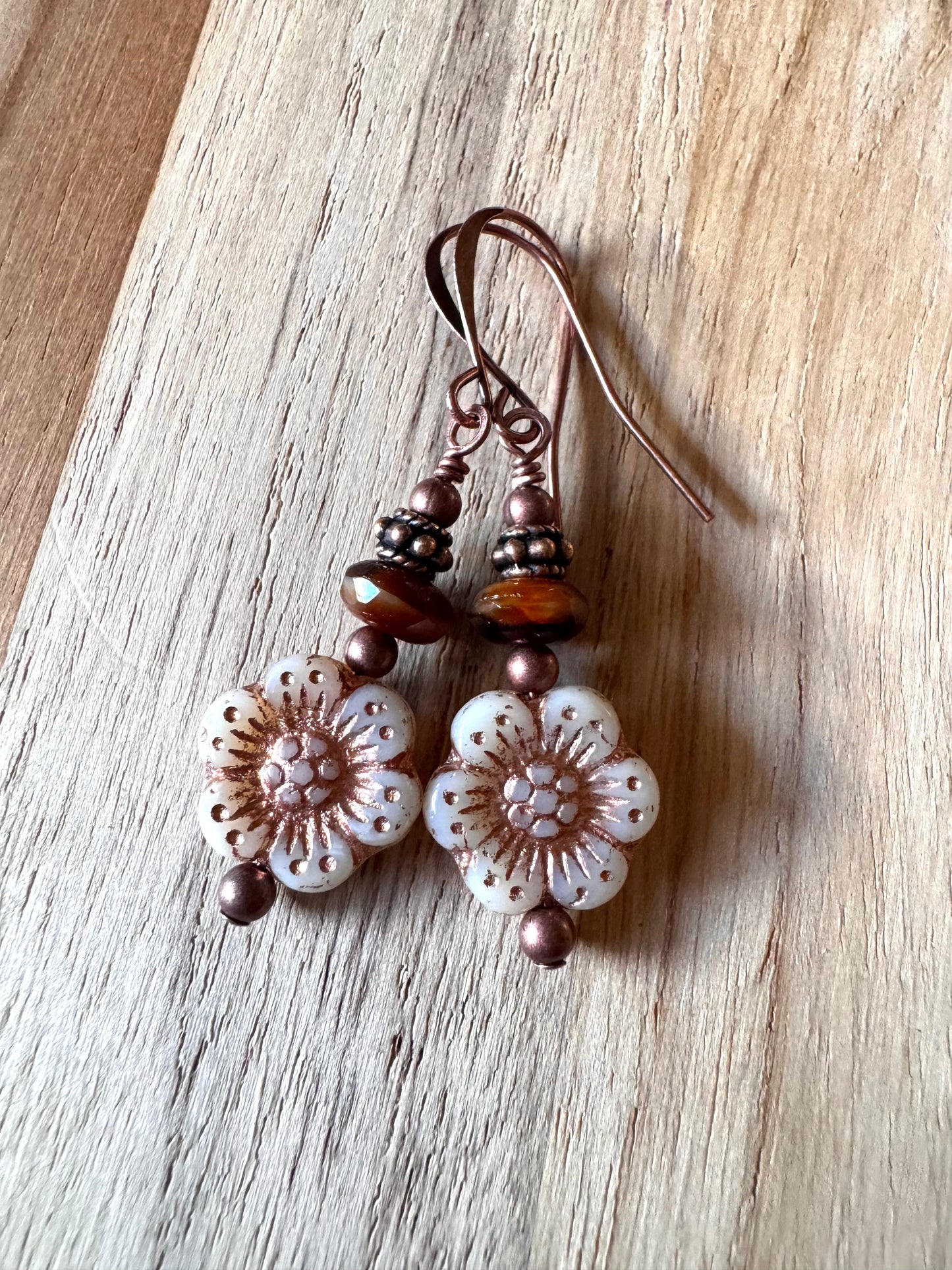 Vintage Boho Style Ivory Czech Glass Flower Dangle Earrings with Antique Copper