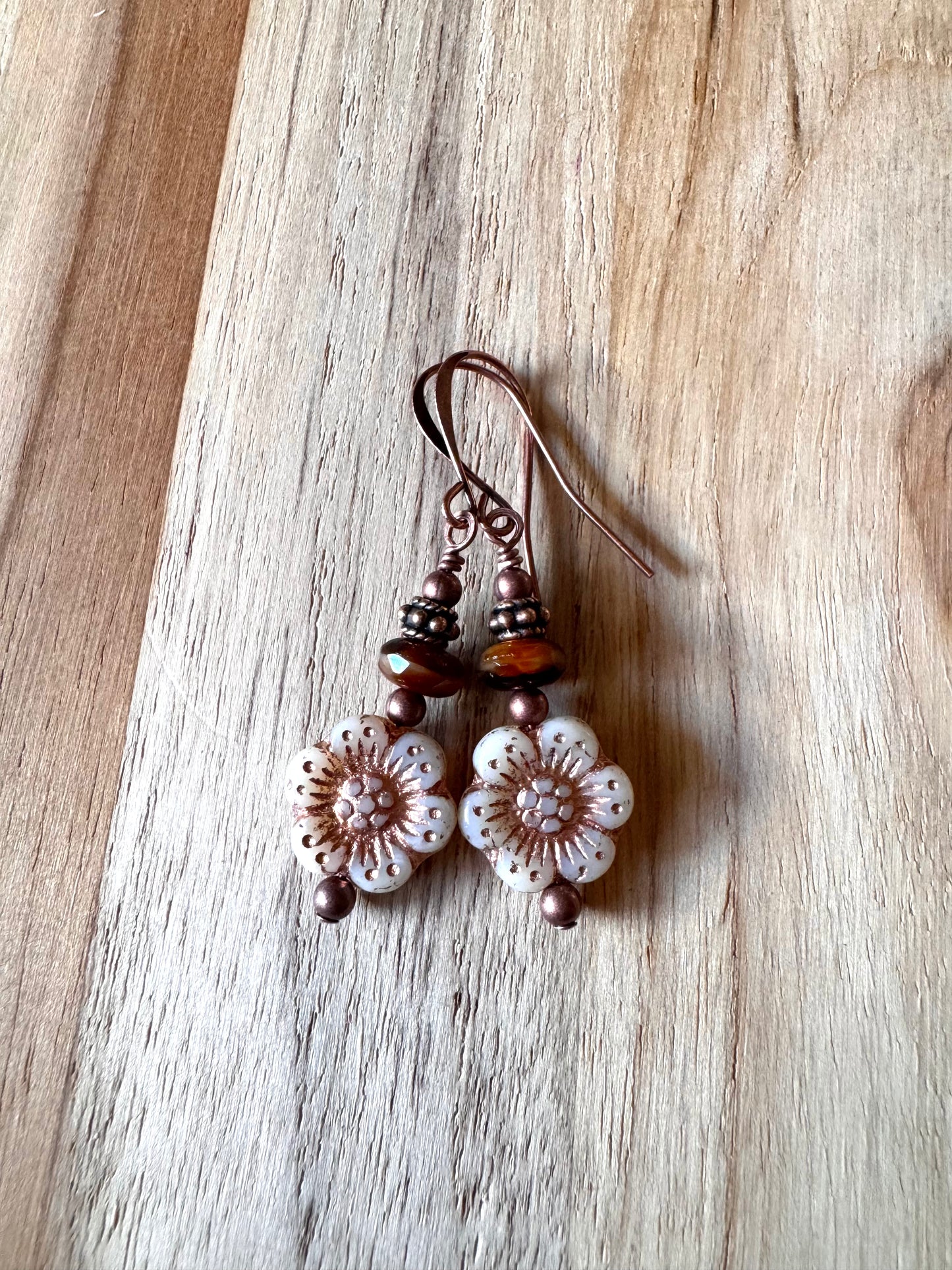 Vintage Boho Style Ivory Czech Glass Flower Dangle Earrings with Antique Copper