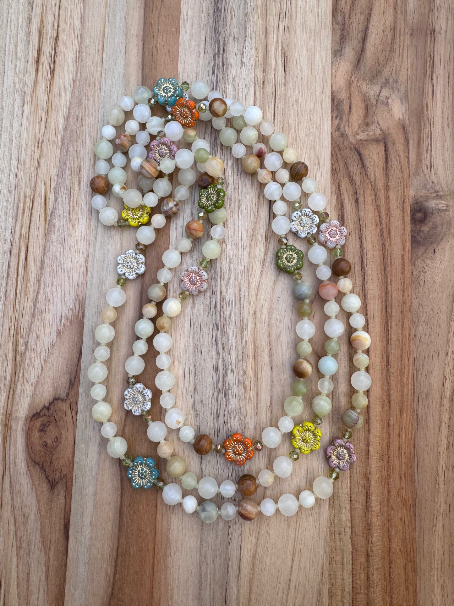 Extra Long Wraparound Style Pale Green Jade Flower Necklace with Crystal Beads