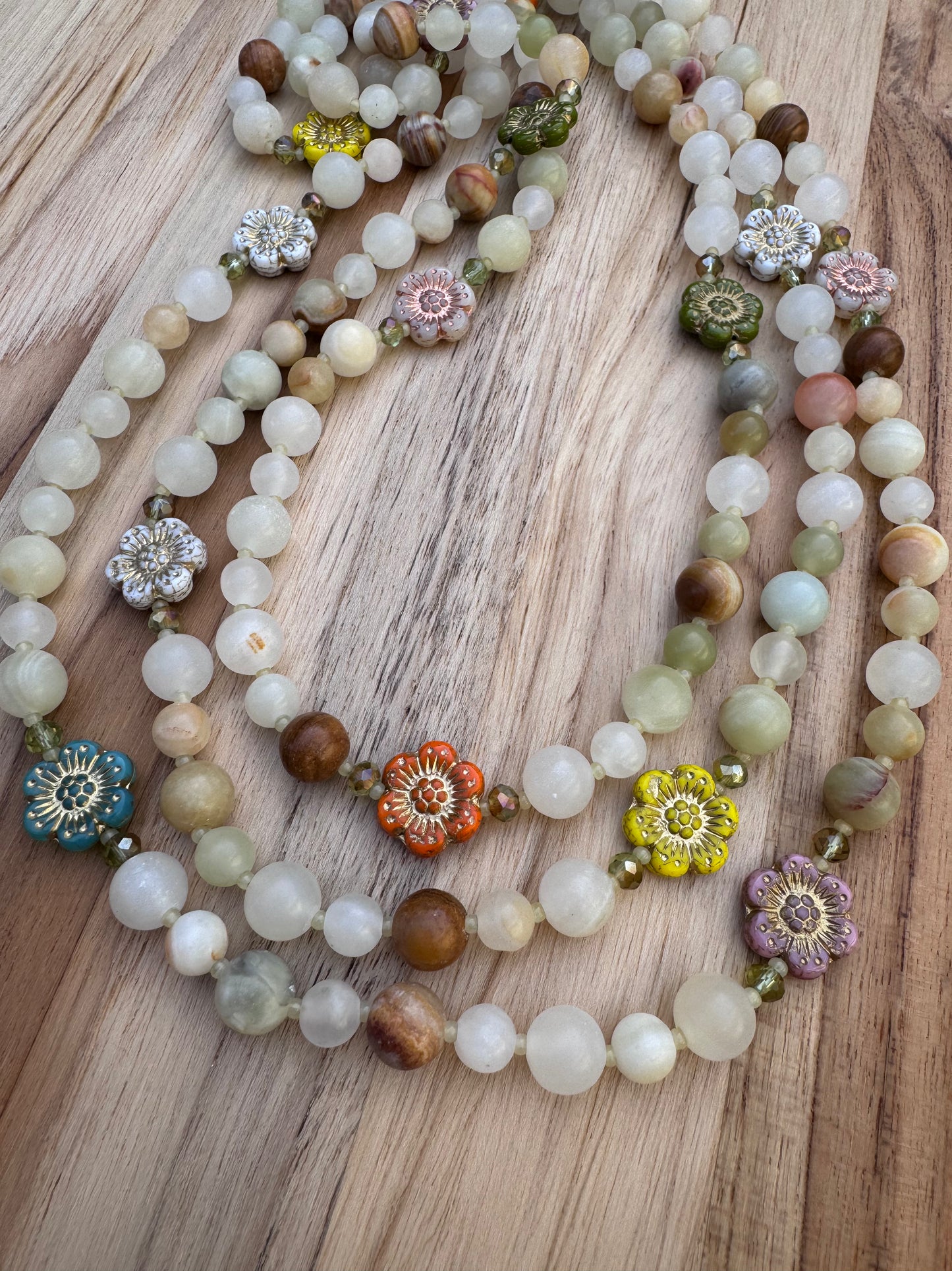 Extra Long Wraparound Style Pale Green Jade Flower Necklace with Crystal Beads