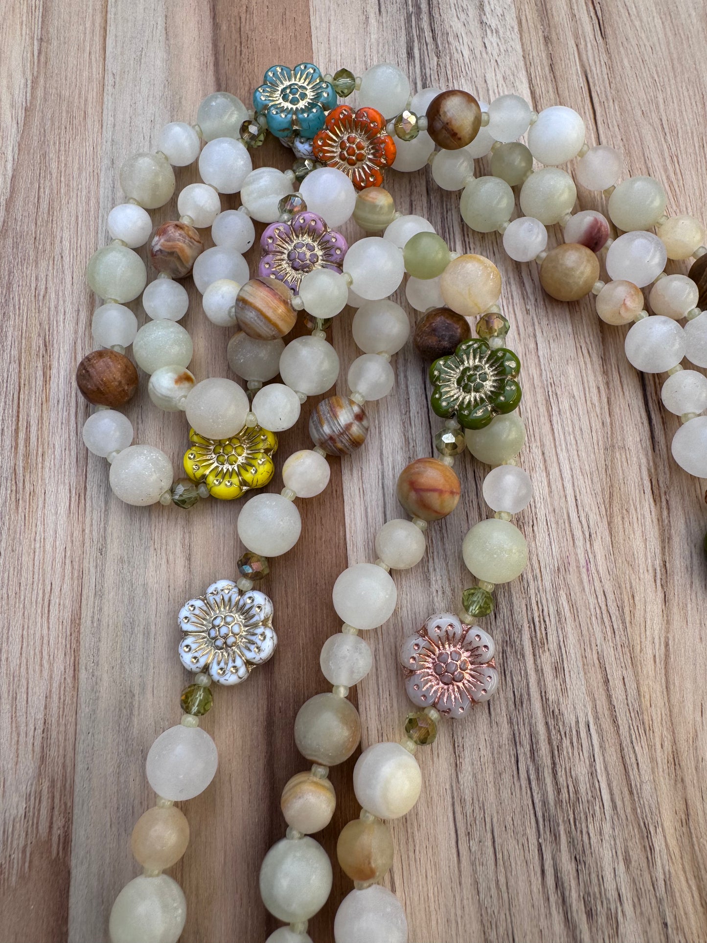 Extra Long Wraparound Style Pale Green Jade Flower Necklace with Crystal Beads