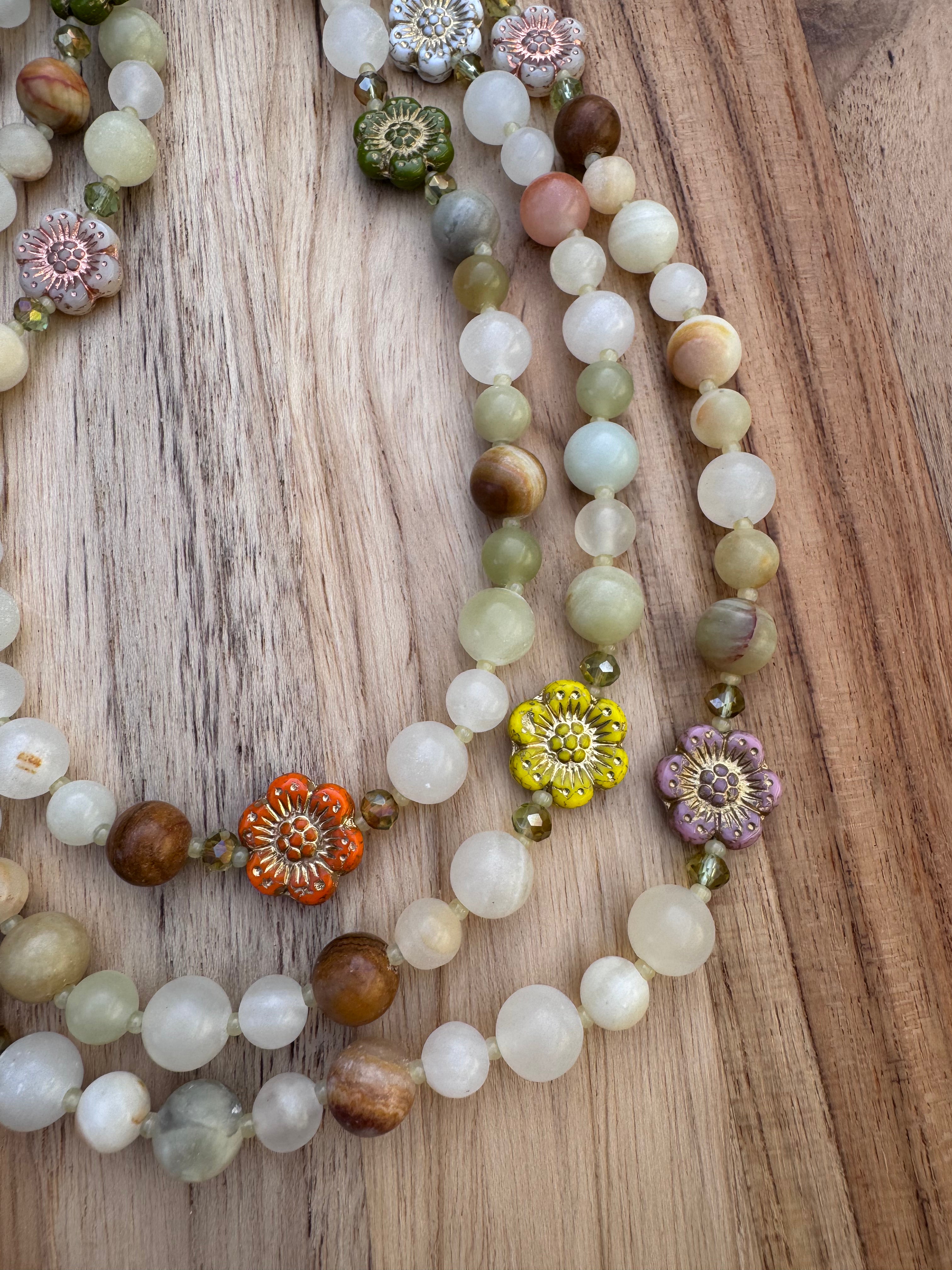 60” Extra Long Wraparound Style Pale Green Jade Flower Necklace with Crystal Beads