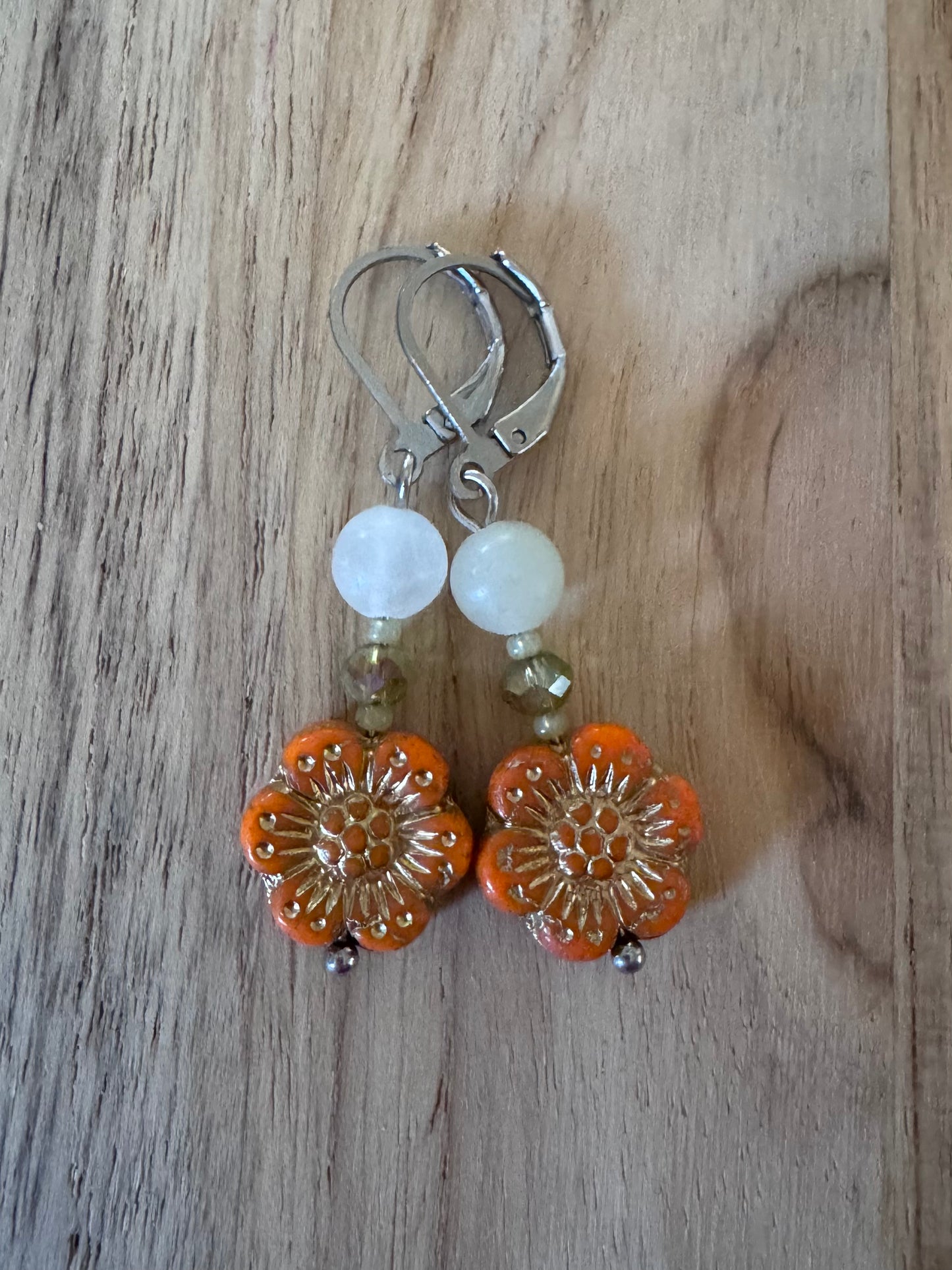 Orange Flower Floral Czech Glass Dangle Earrings with Jade and Crystal Glass Beads