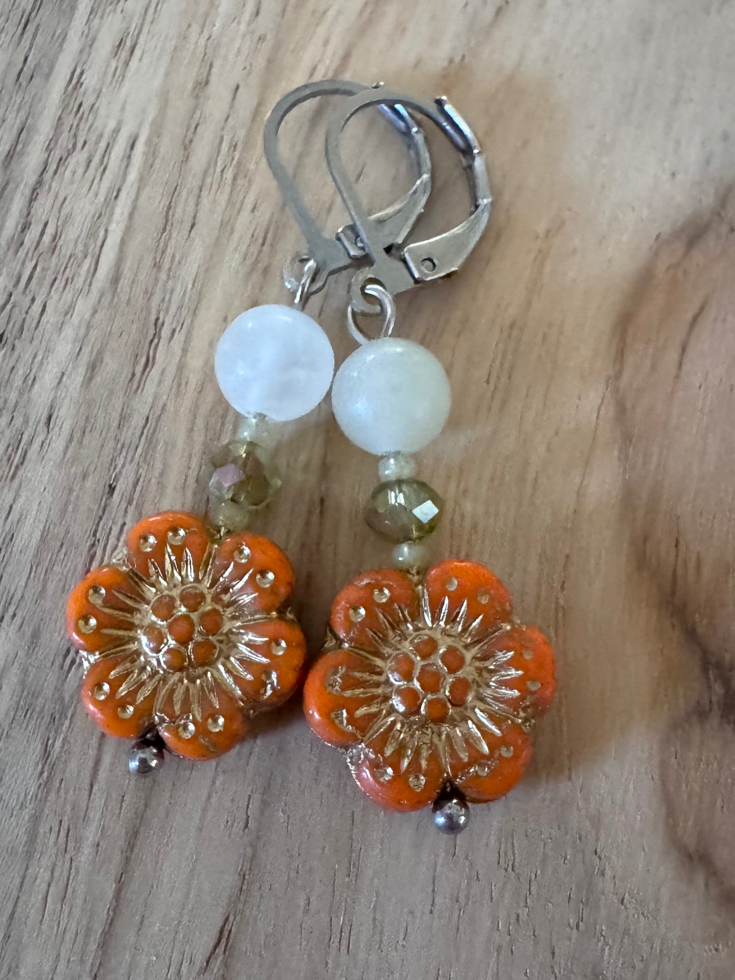 Orange Flower Floral Czech Glass Dangle Earrings with Jade and Crystal Glass Beads