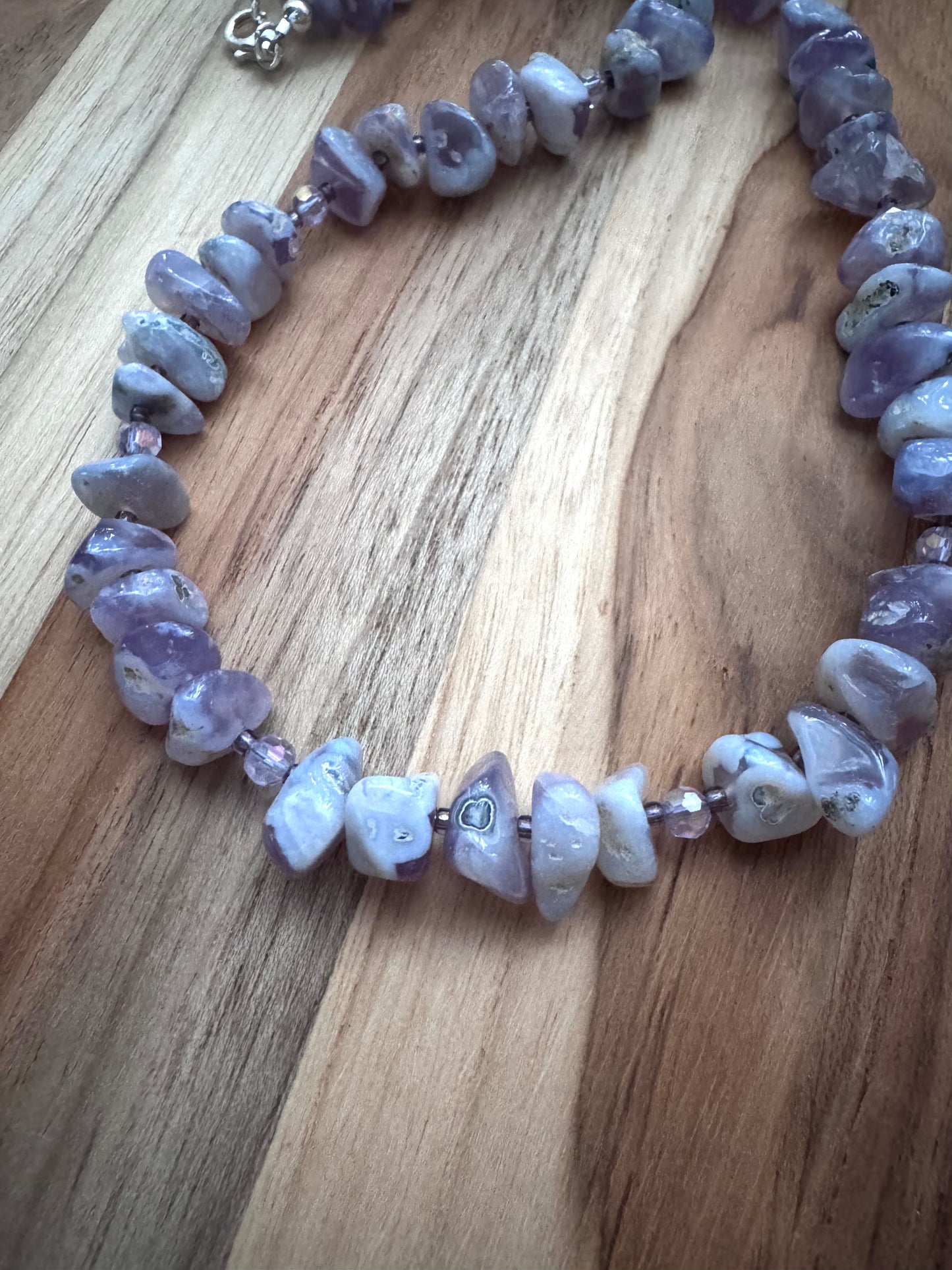 Lavender Chalcedony Tumbled Chip Bead Necklace with Crystal Beads ~ Sterling Silver