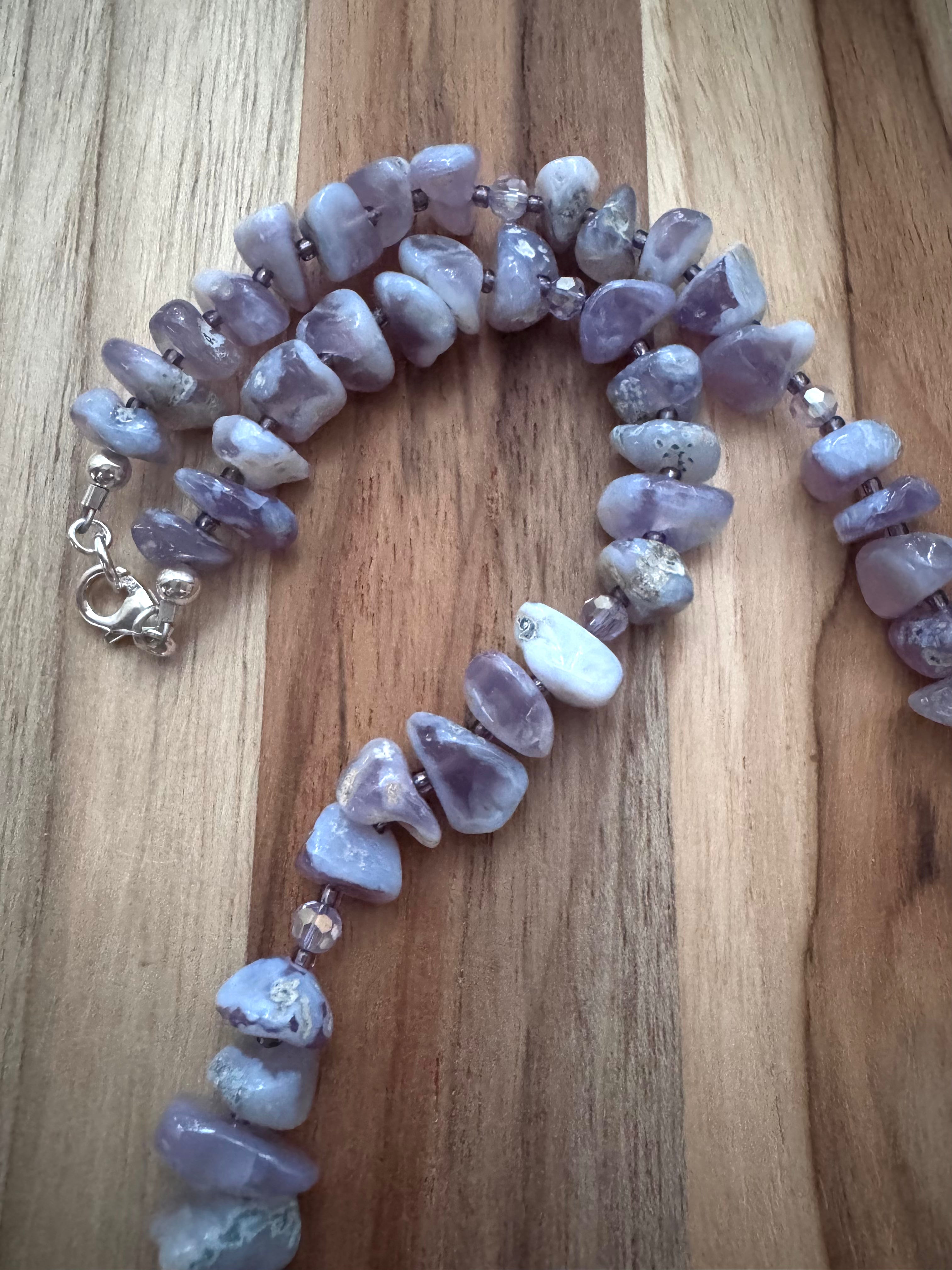 Lavender Chalcedony Tumbled Chip Bead Necklace with Crystal Beads ~ Sterling Silver
