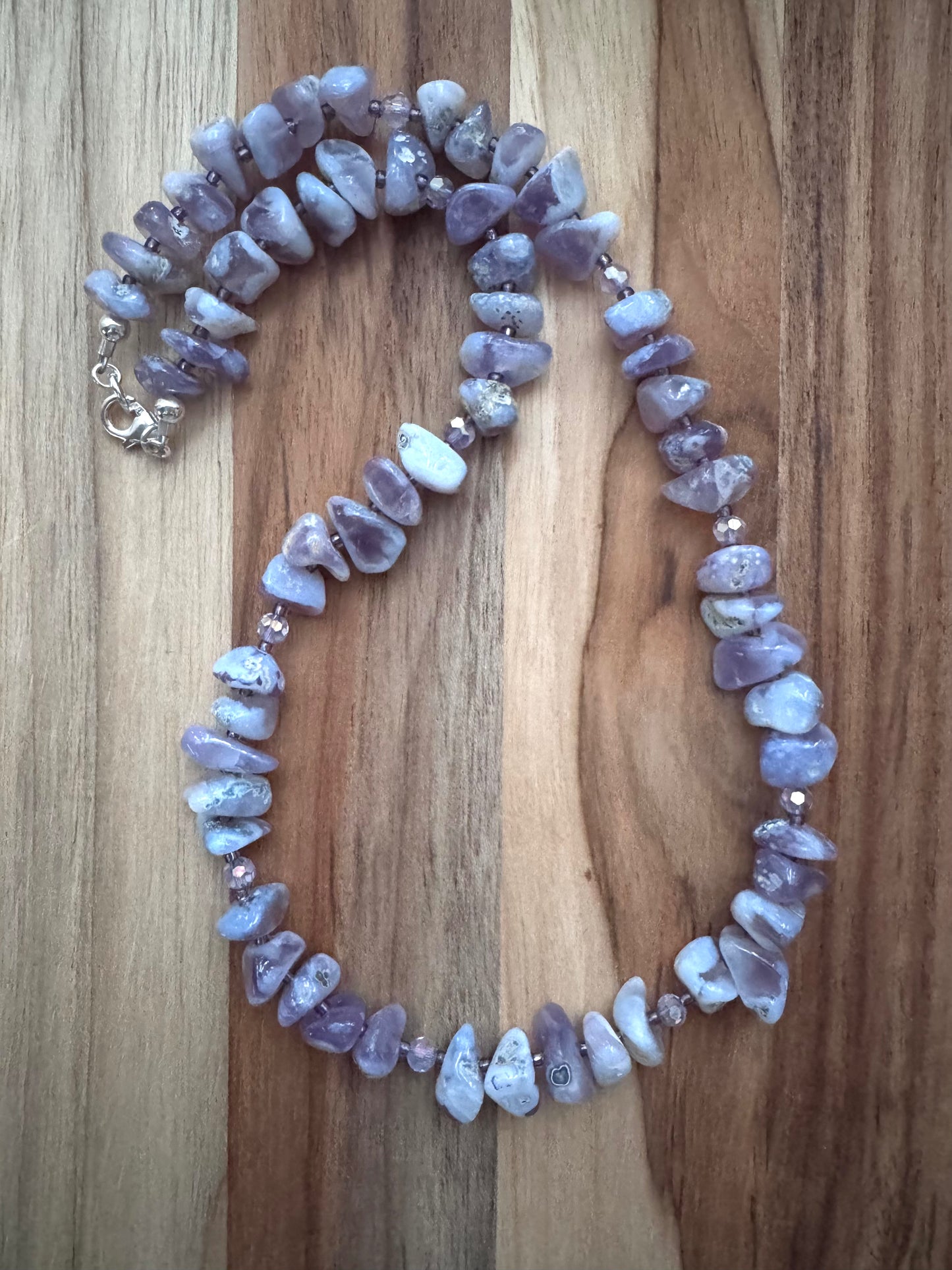 Lavender Chalcedony Tumbled Chip Bead Necklace with Crystal Beads ~ Sterling Silver