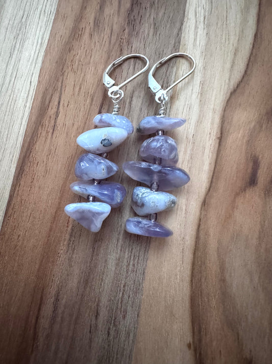 Lavender Chalcedony Tumbled Chip Bead Dangle Earrings ~ Sterling Silver