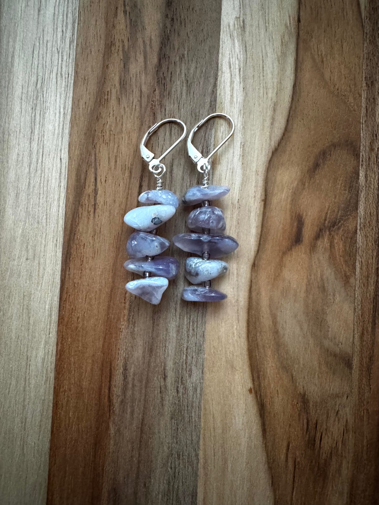 Lavender Chalcedony Tumbled Chip Bead Dangle Earrings ~ Sterling Silver