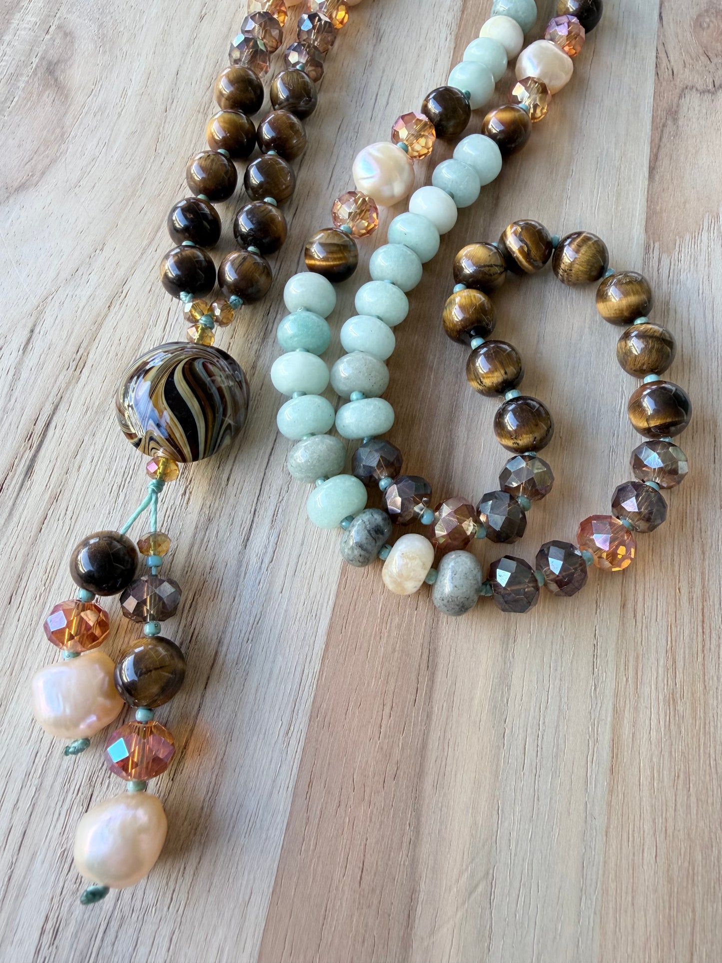 26” Long Art Glass Pendant Necklace with Tigereye Amazonite Pearl and Crystal Beads