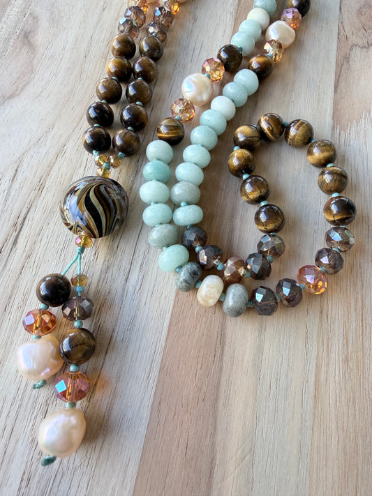 26” Long Art Glass Pendant Necklace with Tigereye Amazonite Pearl and Crystal Beads